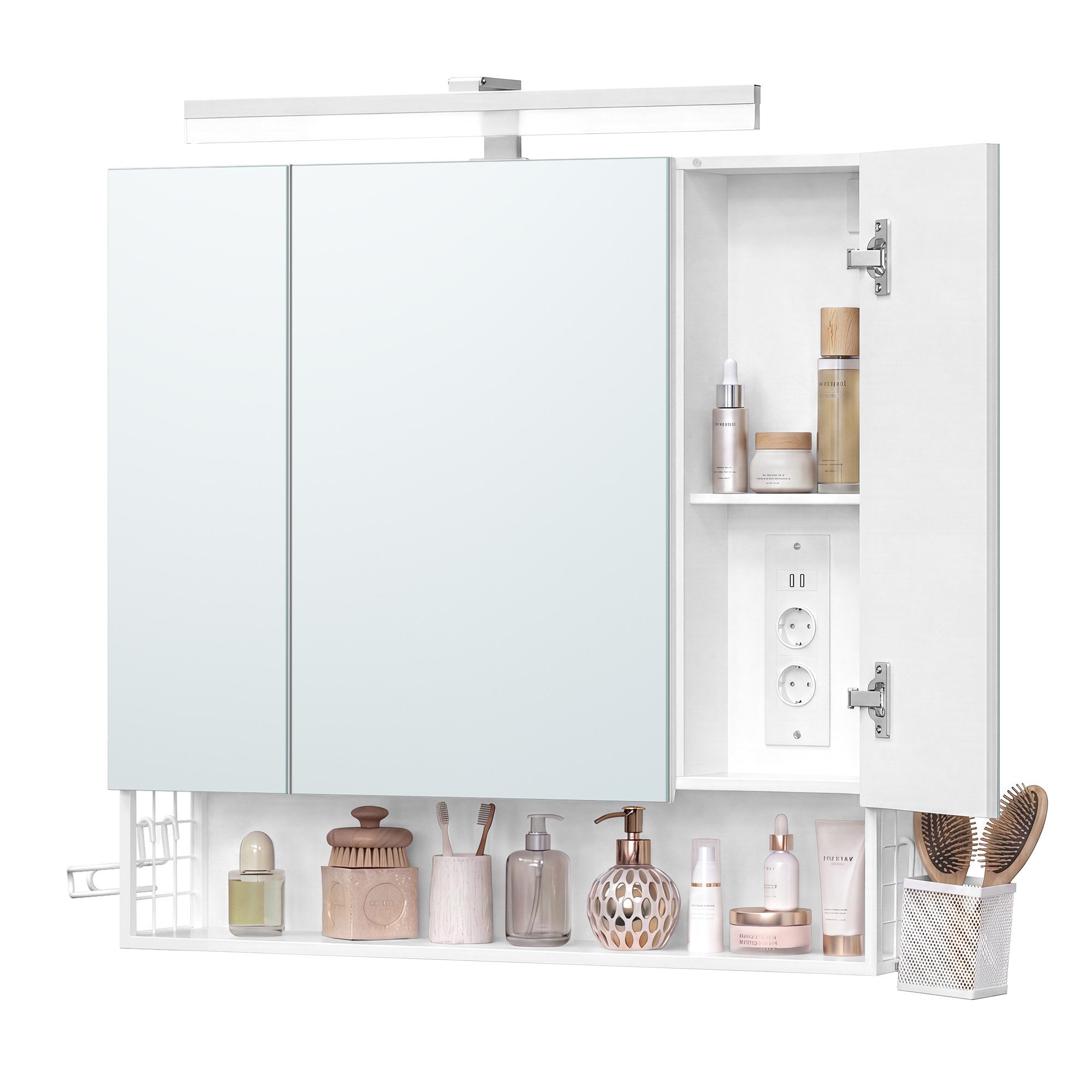 VASAGLE Spiegelschrank Hängekorb, 3 Spiegeltüren 80 x 16,5 x 75 cm, Bad mit Beleuchtung, Stecker, Haartrockner-Halter