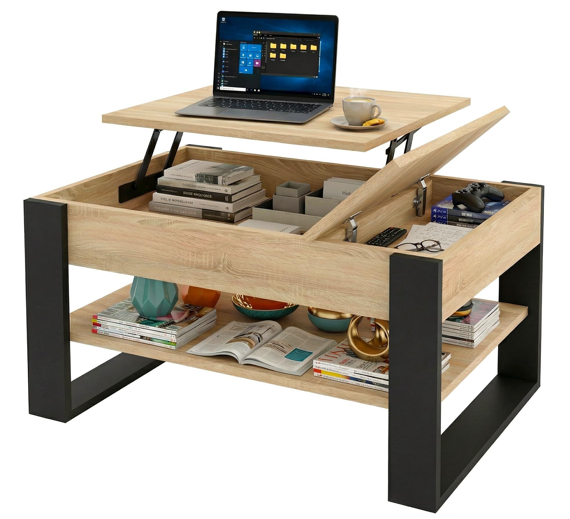 TREND WERK Couchtisch Lift-Couchtisch höhenverstellbar Sofatisch 92×54 cm mit Stauraum (verstecktem Fach Wohnzimmertisch Holz modern Wohnzimmertisch)