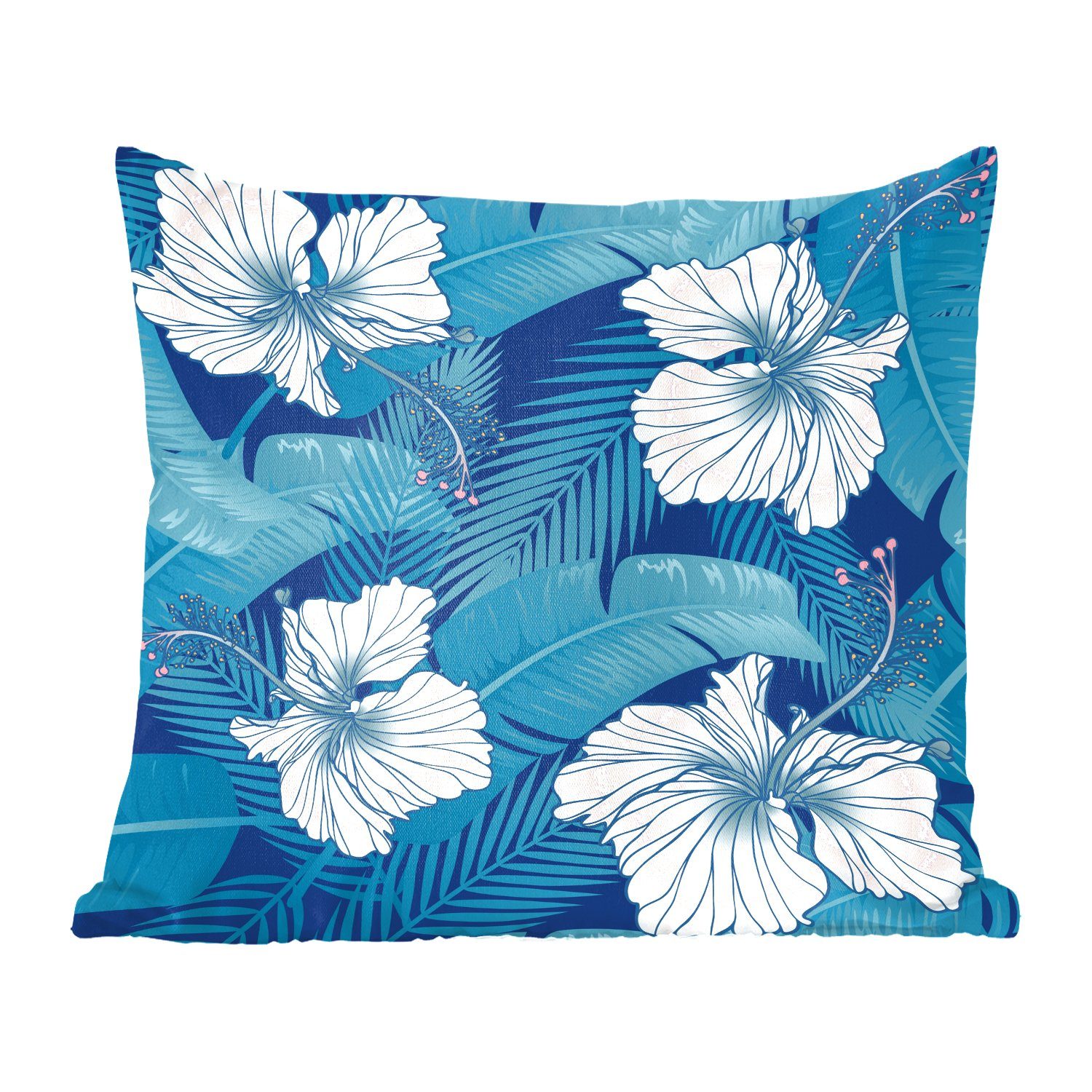 MuchoWow Dekokissen Tropisch - Blumen - Blau, Zierkissen mit Füllung für Wohzimmer, Schlafzimmer, Deko, Sofakissen