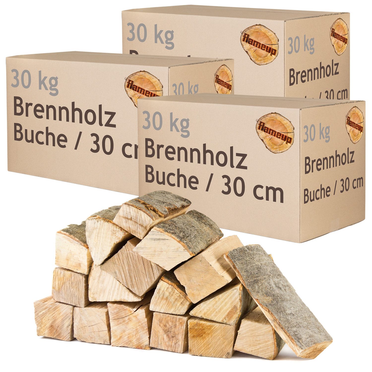 Flameup Kaminholz Brennholz Kaminholz Holz 90 kg Ofen Kamin Kaminofen Grill Buche 30 cm, 90 kg