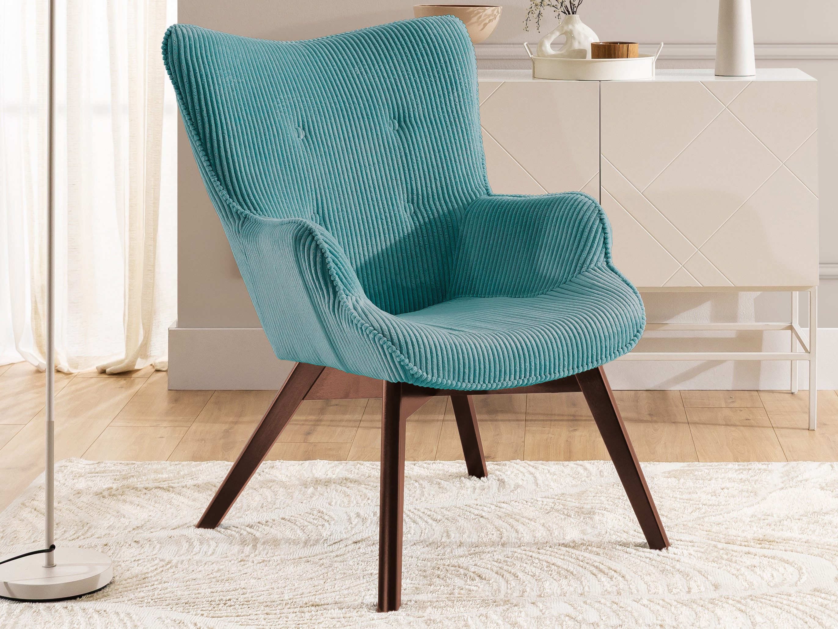 S-Style Möbel Loungesessel Lenari aus Cordstoff mit Füßen aus Massivholz in Natur oder Braun (1 x Lounge-Sessel)