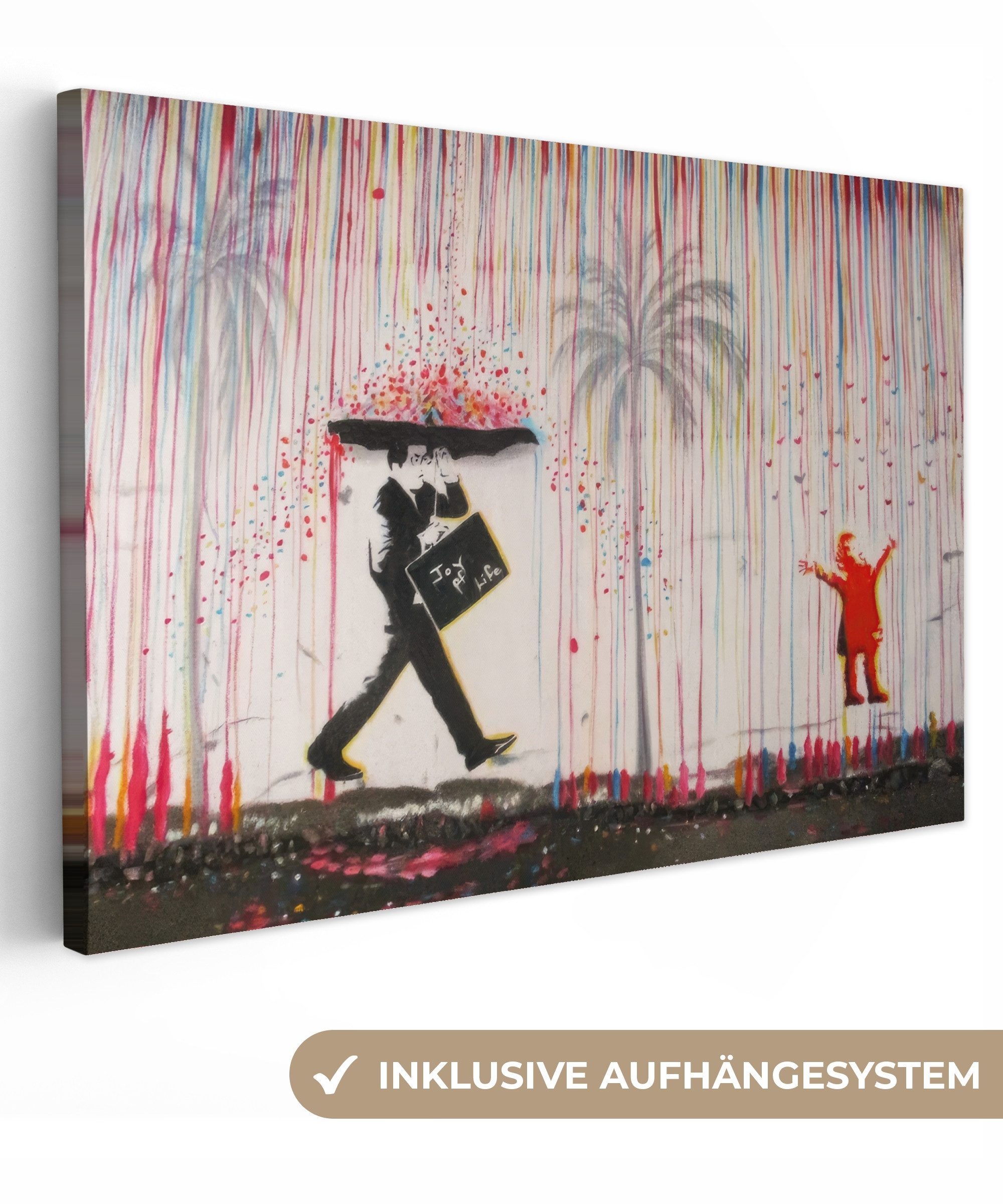OneMillionCanvasses® Leinwandbild Regen - Graffiti - Mann - Banksy-Stil, Fo günstig online kaufen