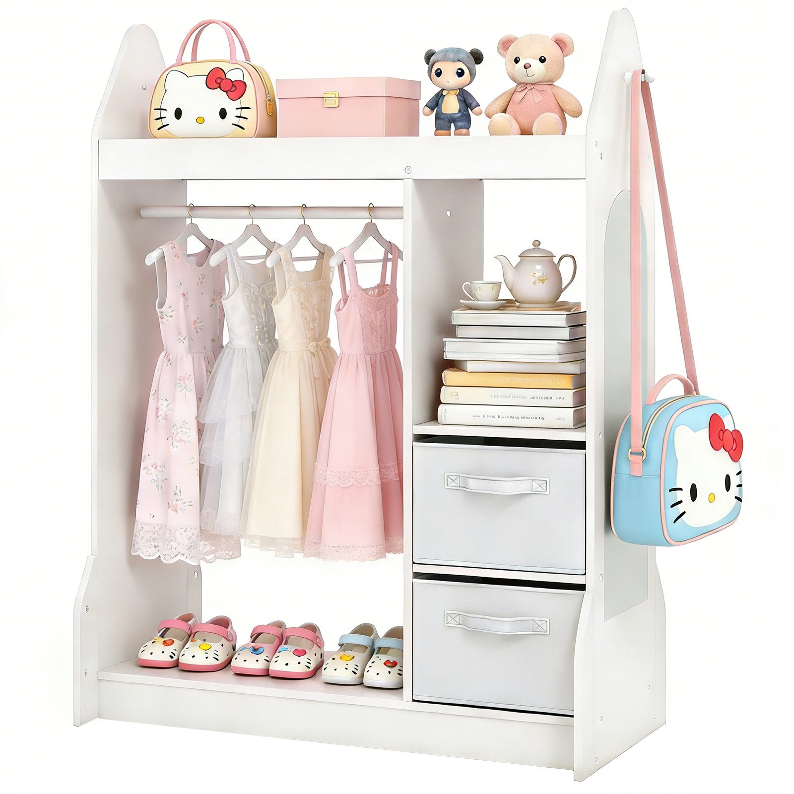 KOMFOTTEU Kleiderständer, Kinderkleiderschrank Kindergarderobe mit Spiegel & Kleiderstange