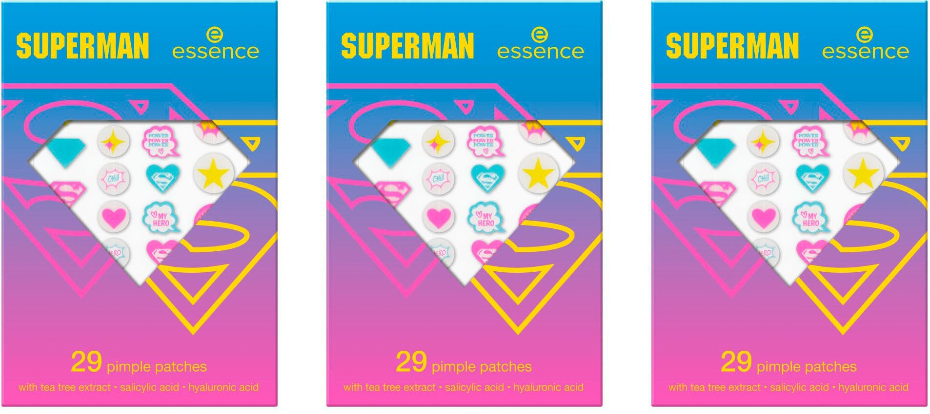 Essence Gesichtspflege Superman pimple patches Set, 3-tlg., Je 29 Patches, Teebaumextrakt, Salicylsäure und Hyaluronsäure.