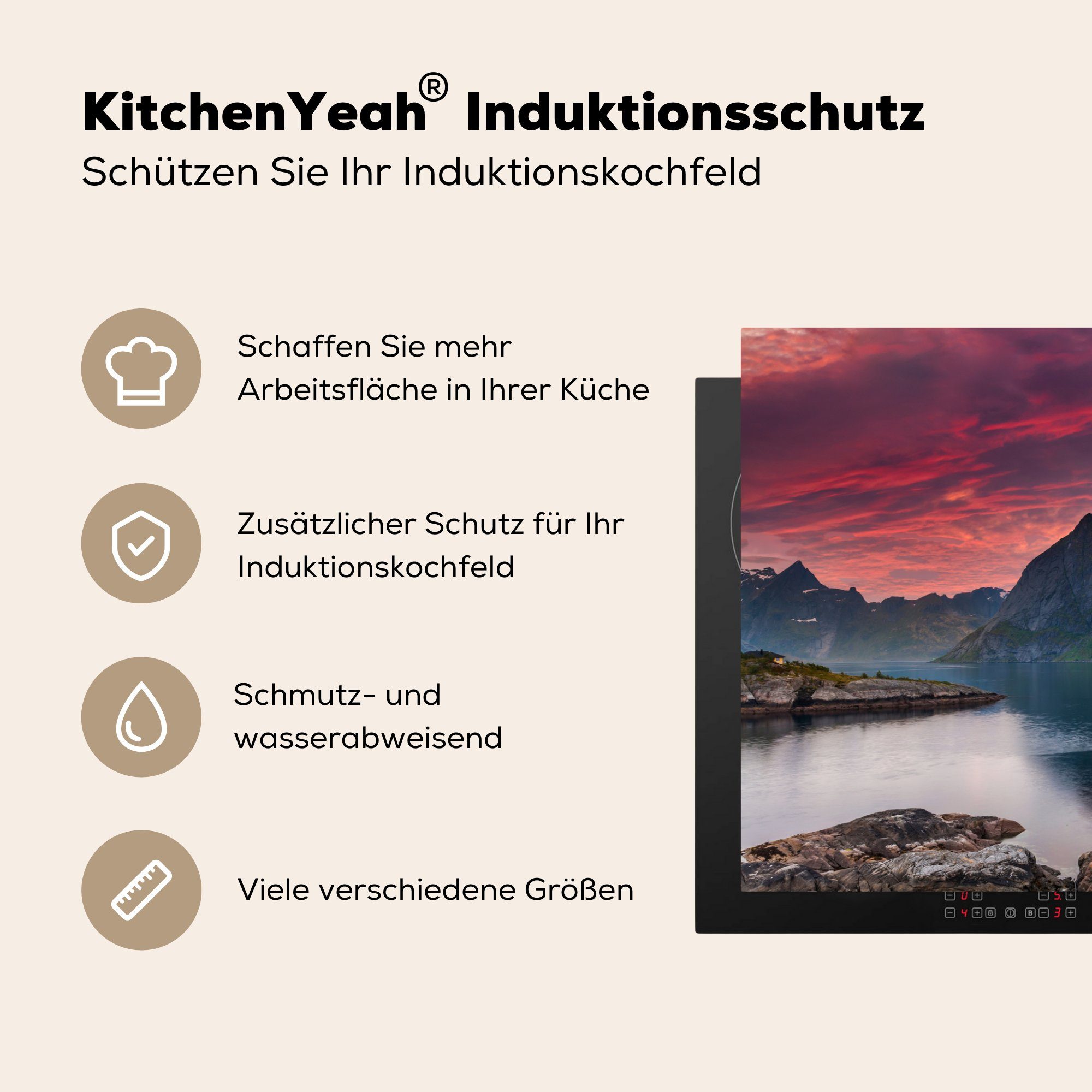 81x52 cm, MuchoWow küche, Lofoten, Herdblende-/Abdeckplatte den die auf für Schutz Ceranfeldabdeckung Induktionskochfeld Sonnenaufgang Rosa (1 Vinyl, tlg),