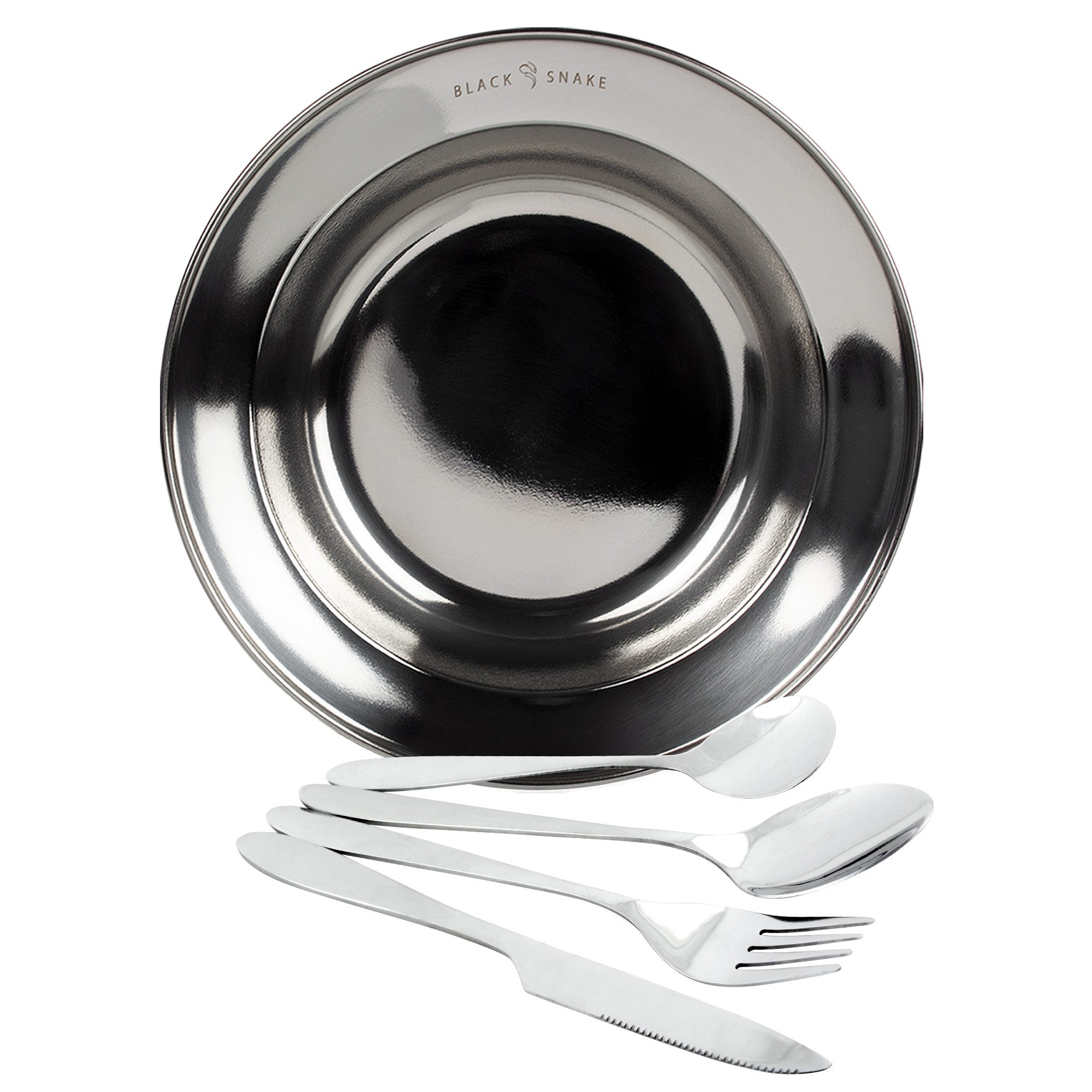 Black Snake Teller-Set Black Snake® tiefer Edelstahl Teller mit Lunch Besteck (2-tlg), 1 Personen, Edelstahl, Tiefer Edelstahlteller mit Lunch Besteck Set