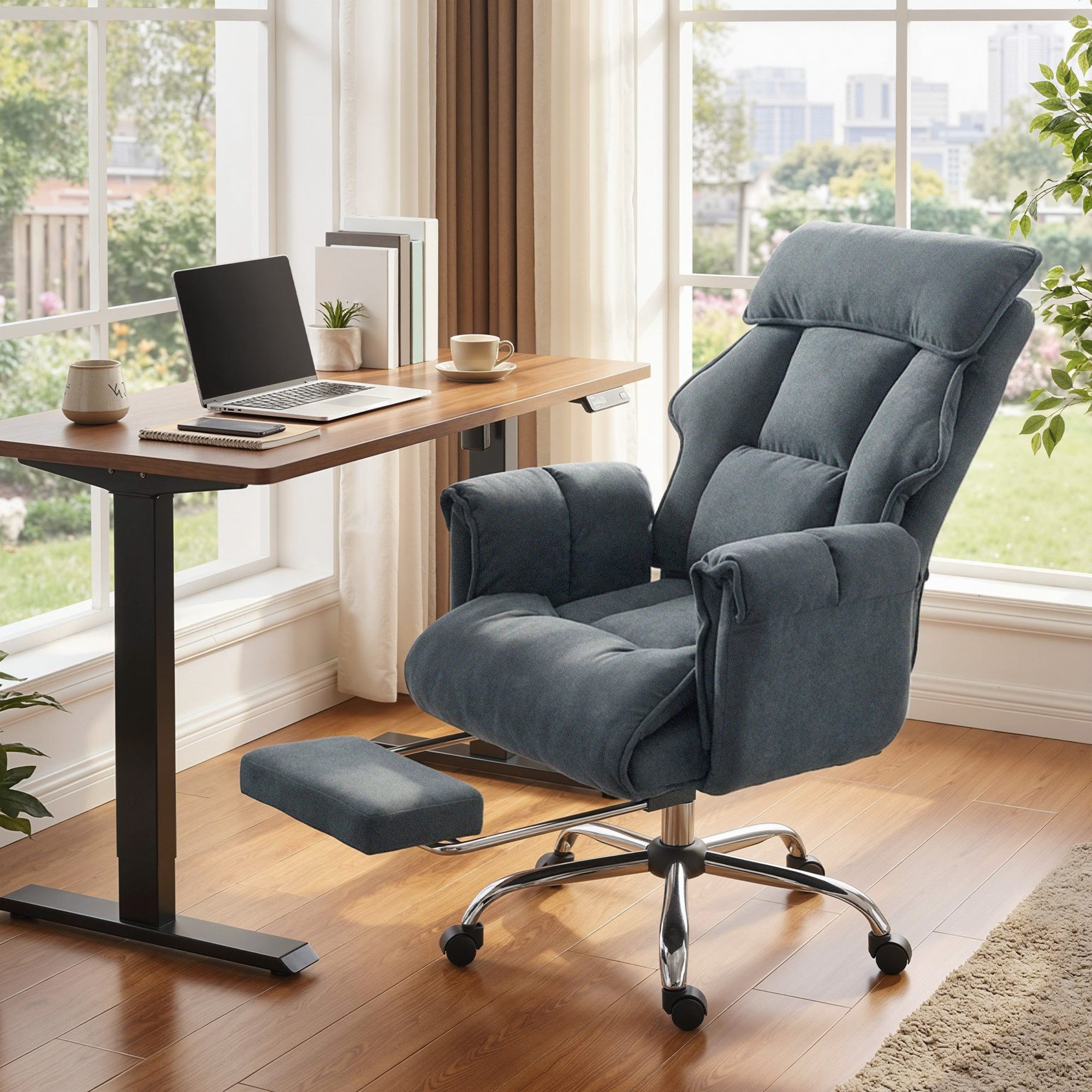 HOMCOM Schreibtischstuhl Bürostuhl mit Lendenwirbelstütze, Armlehne, Fußstütze (Höhenverstellbarer Drehstuhl, 1 St), 80 x 80 x 106-114 cm Dunkelgrau