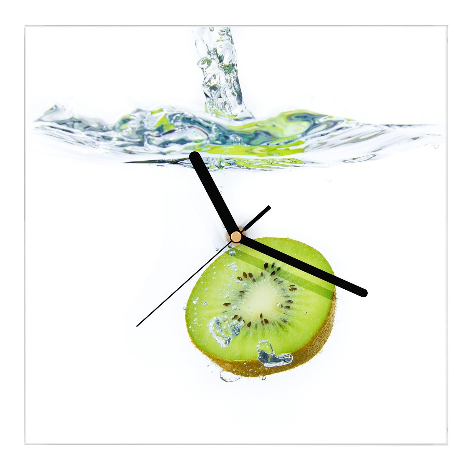 Primedeco Wanduhr Glasuhr Wanduhr Wandkunst Größe 30 x 30 cm mit Motiv Kiwi fällt ins Wasser