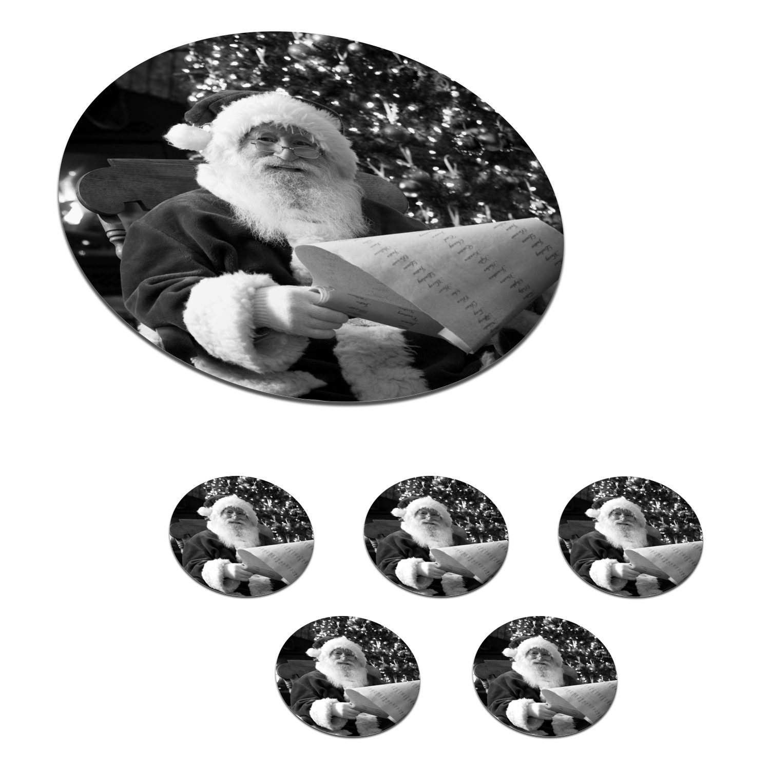 MuchoWow Glasuntersetzer Der Weihnachtsmann prüft seinen Rahmen - schwarz und weiß, Zubehör für Gläser, 6-tlg., Getränkeuntersetzer, Tassenuntersetzer, Korkuntersetzer, Tasse, Becher