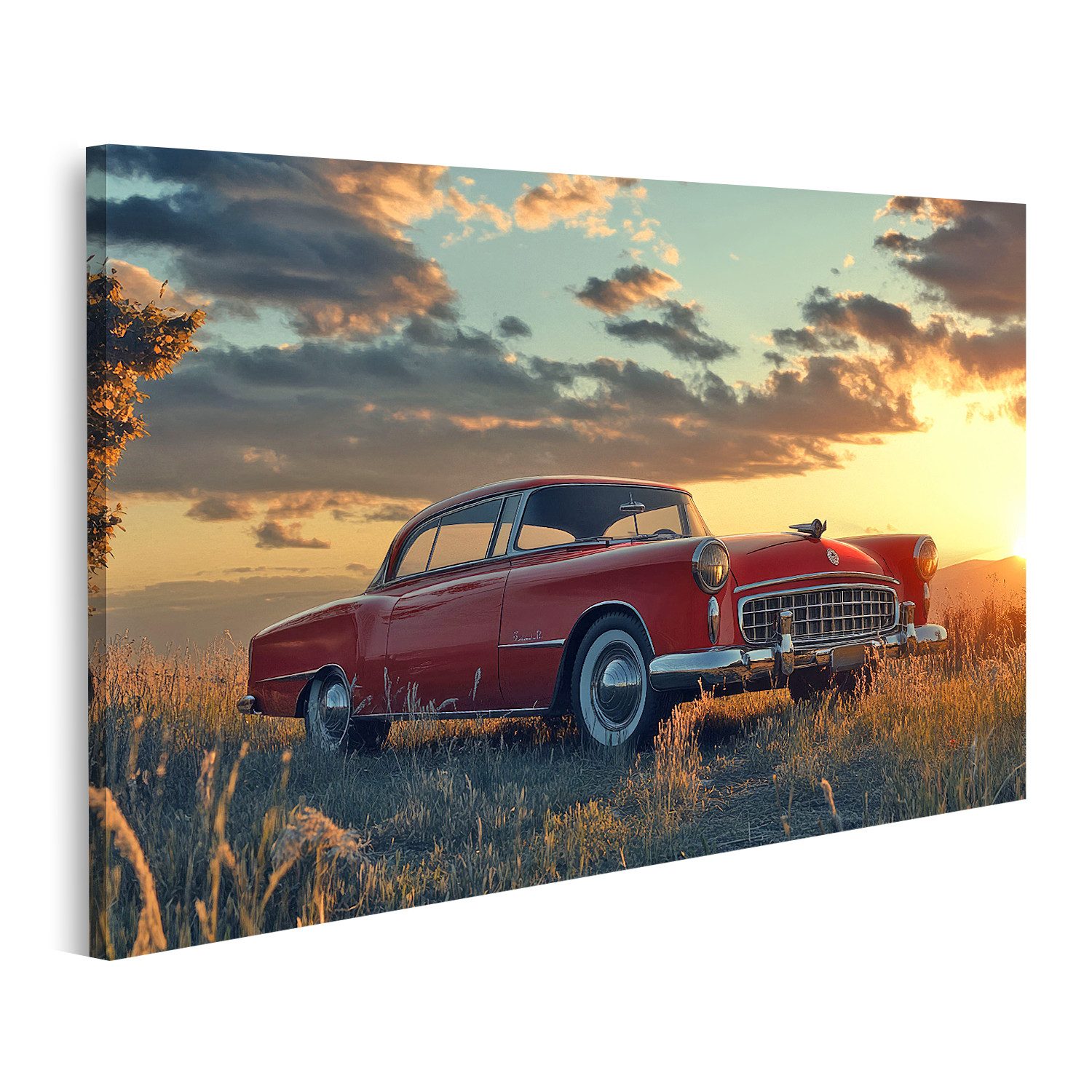 islandburner Leinwandbild, Klassisches Auto im Sonnenuntergang auf dem Feld
