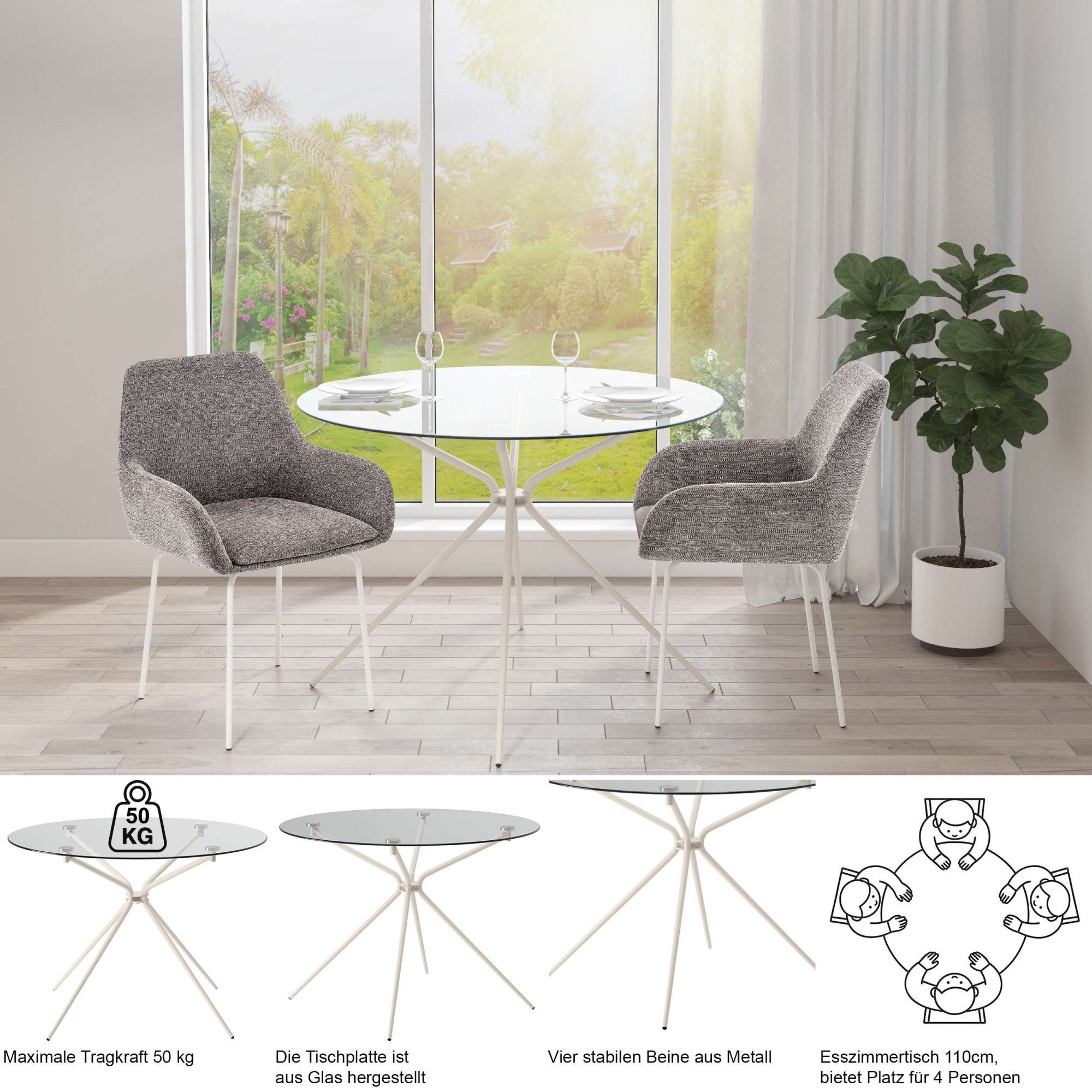 OTTO home Esstisch Silvi, TOPSELLER! (Esstisch, Glastisch, Küchentisch, OTTOs Choice), rund, Ø110 cm, Metallgestell