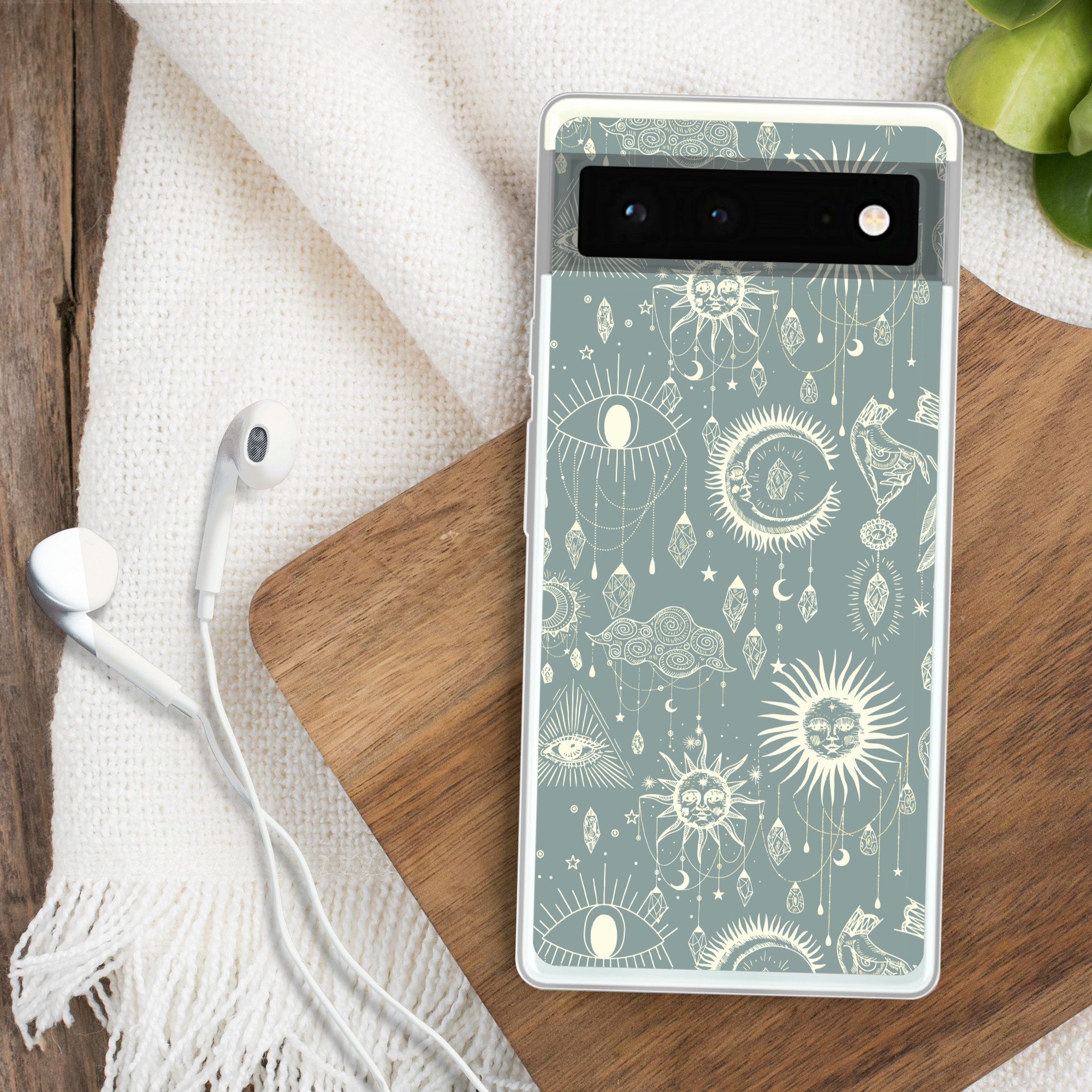 MuchoWow Handyhülle für Google Pixel 6 Boho - Druck - Blau - Sonne - Augen - Zen, Handy Case, Silikon, Bumper Case Dünn