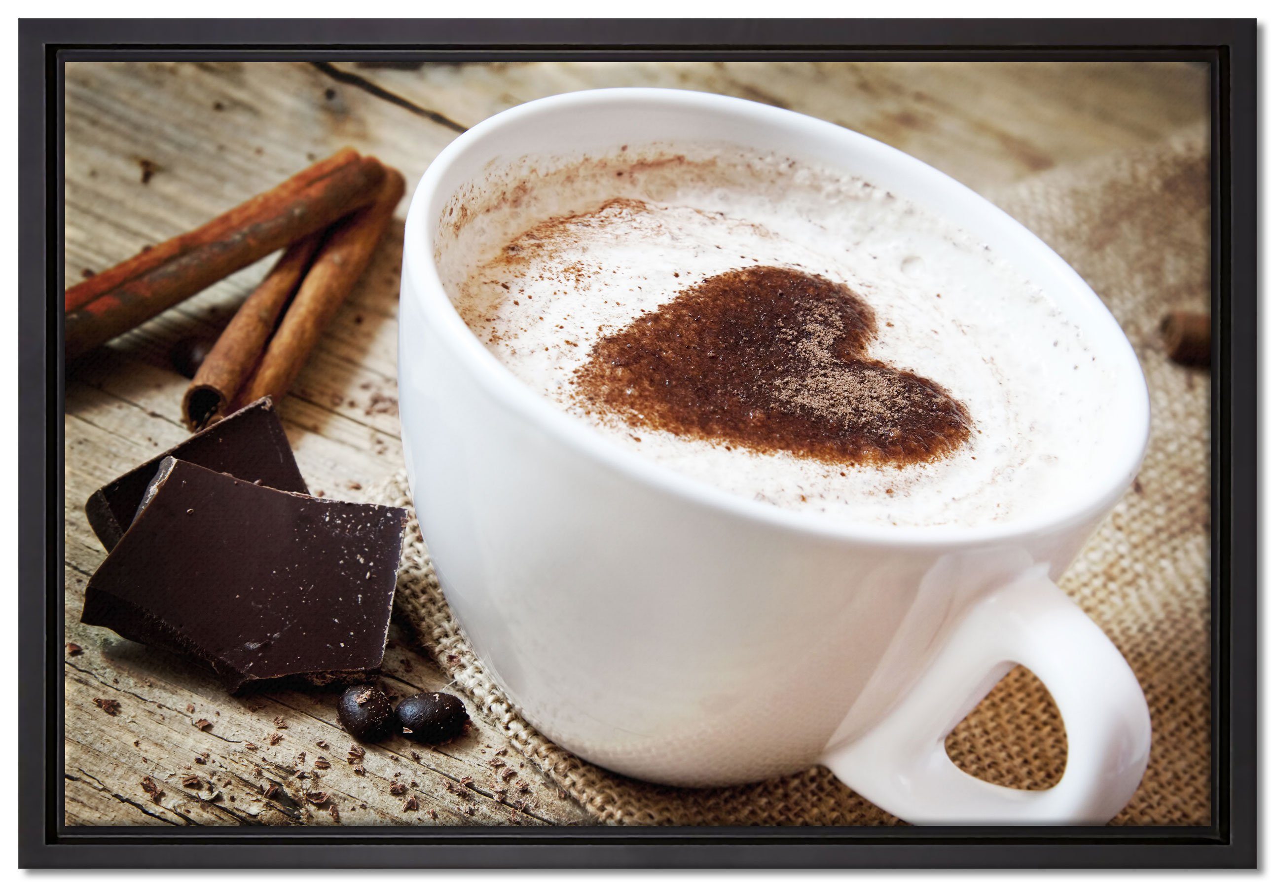 Pixxprint Leinwandbild Tasse Kaffee mit Schokolade, Wanddekoration (1 St), Leinwandbild fertig bespannt, in einem Schattenfugen-Bilderrahmen gefasst, inkl. Zackenaufhänger