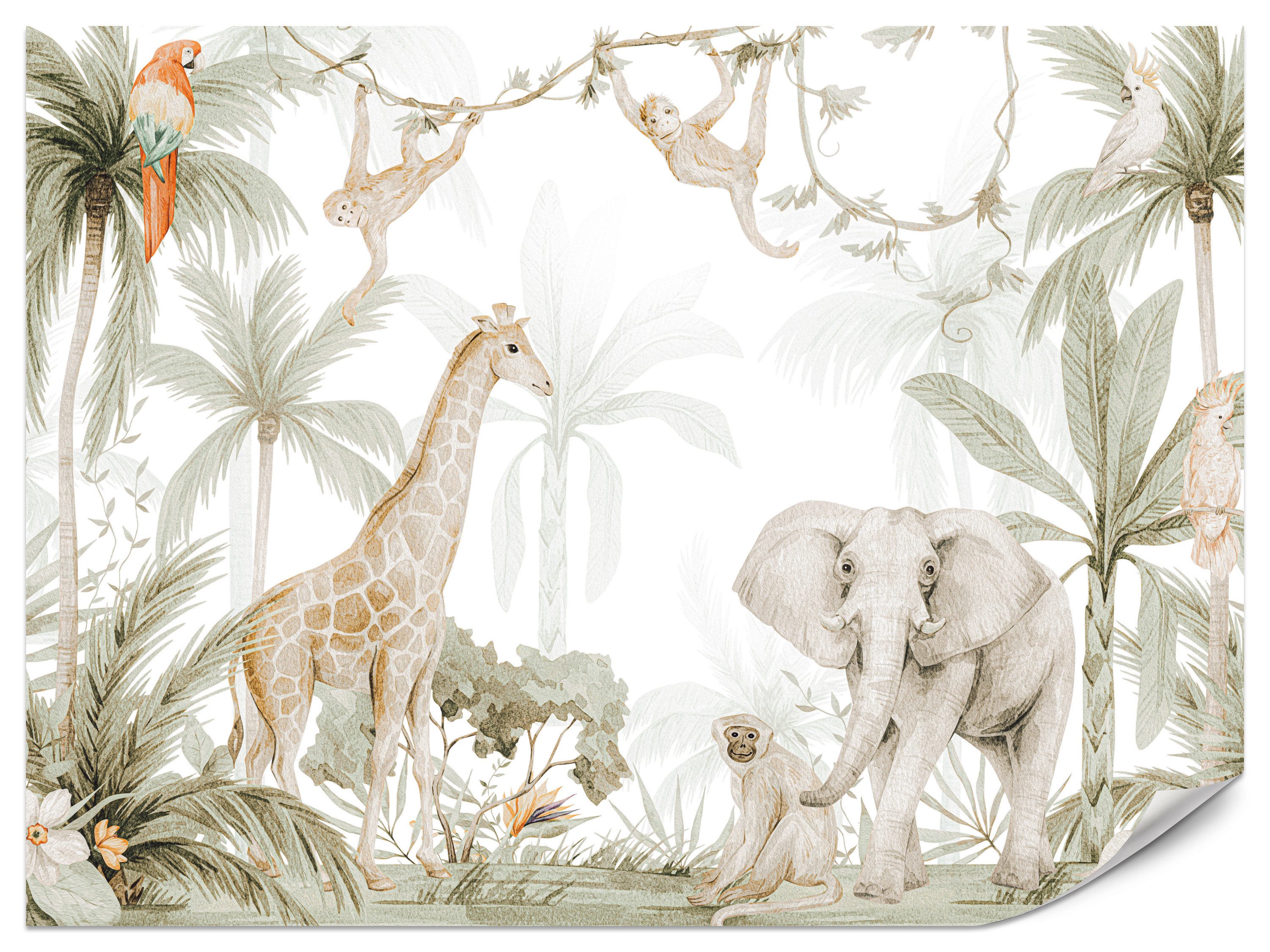 Muralo Fototapete Vliestapete - Dschungeltiere mit Giraffe, Elefant und Affen, Glatt, Grafisch, (Packung, 1 St., 100x70 cm), Kleber im Set, 3D-Optik, Ins Schlafzimmer