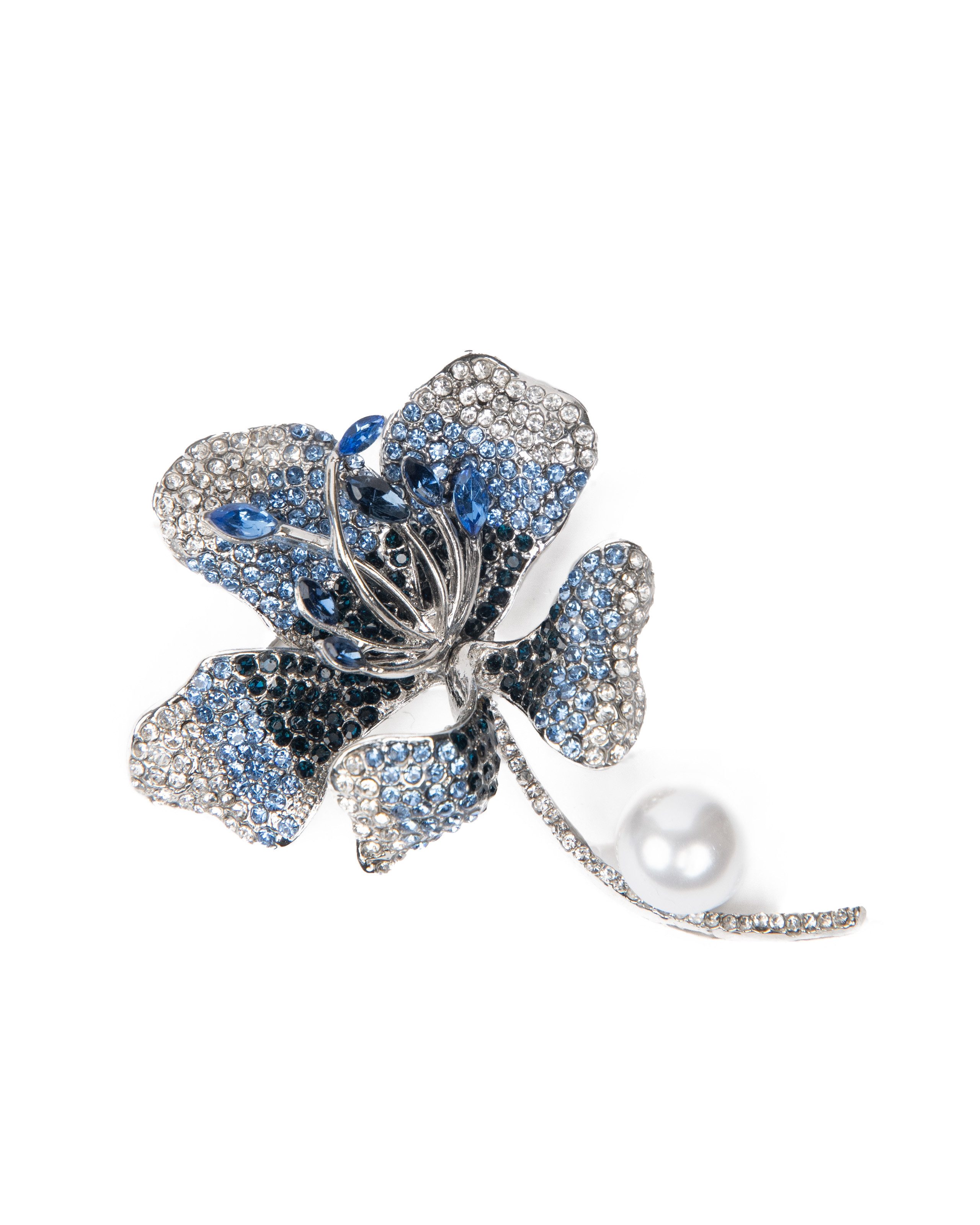 Brosche "edle Blüte", brilliant blau mit einer Zierperle