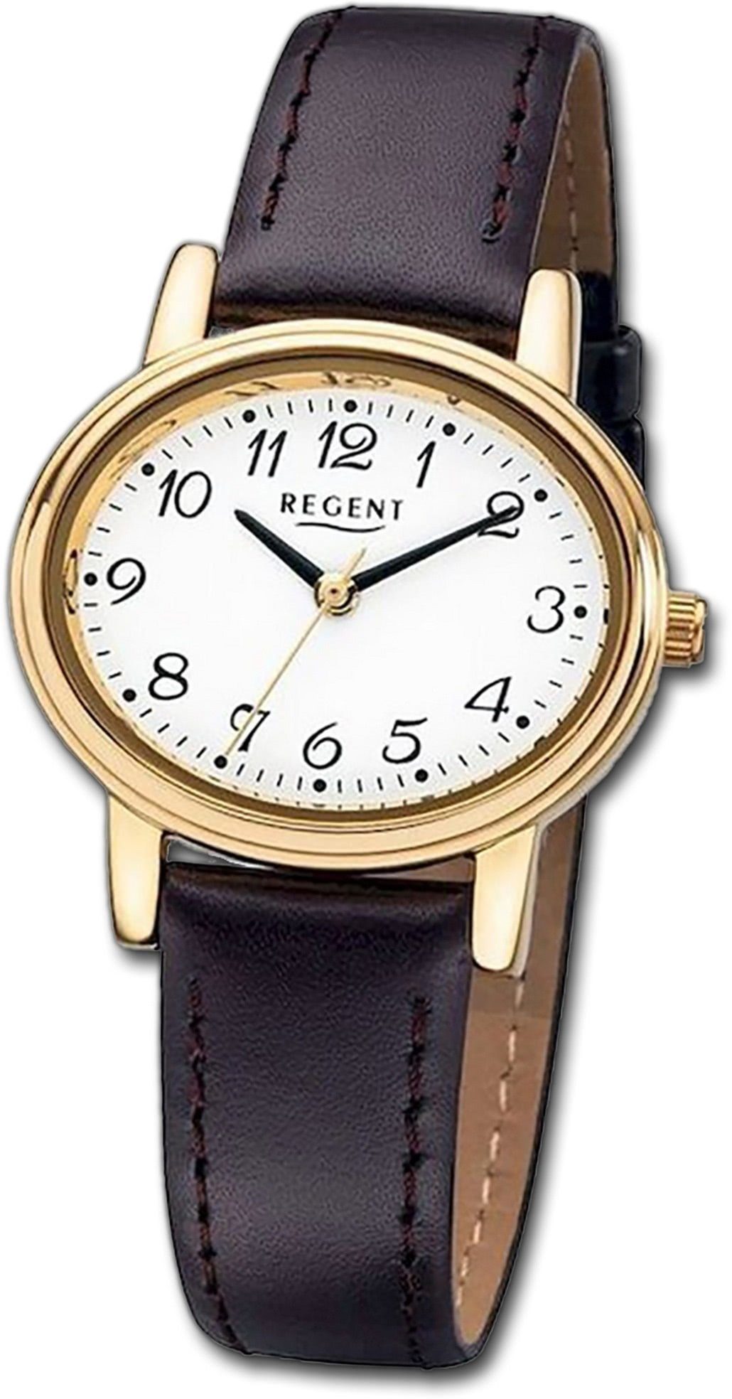 Regent Quarzuhr Regent Leder Damen Uhr F-577 Quarzuhr, (Analoguhr), Damenuhr Lederarmband braun, ovales Gehäuse, mittel (ca. 30mm)