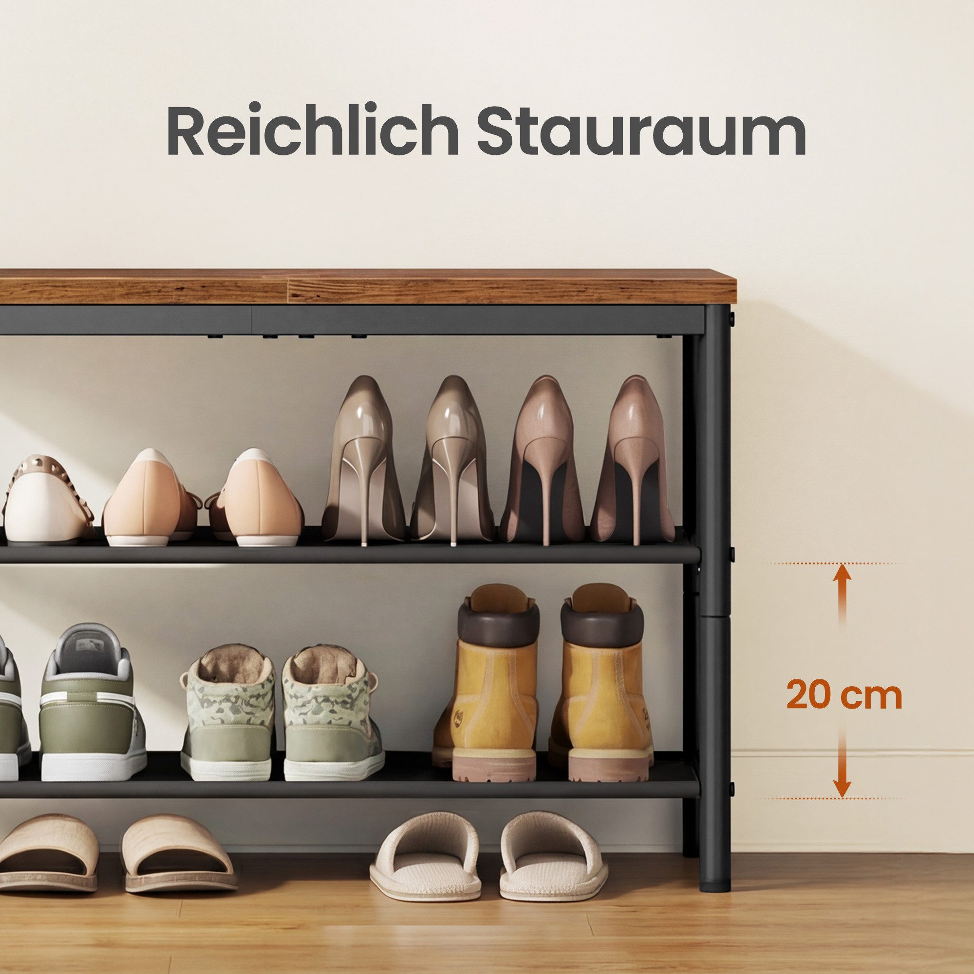 VASAGLE Schuhregal Schuhablage für Eingangsbereich, Stahl, Platzsparend, Industrie-Design, 3 Ebenen, Stoffablagen, große Oberfläche für Taschen, Metall – Bild 4 von 5