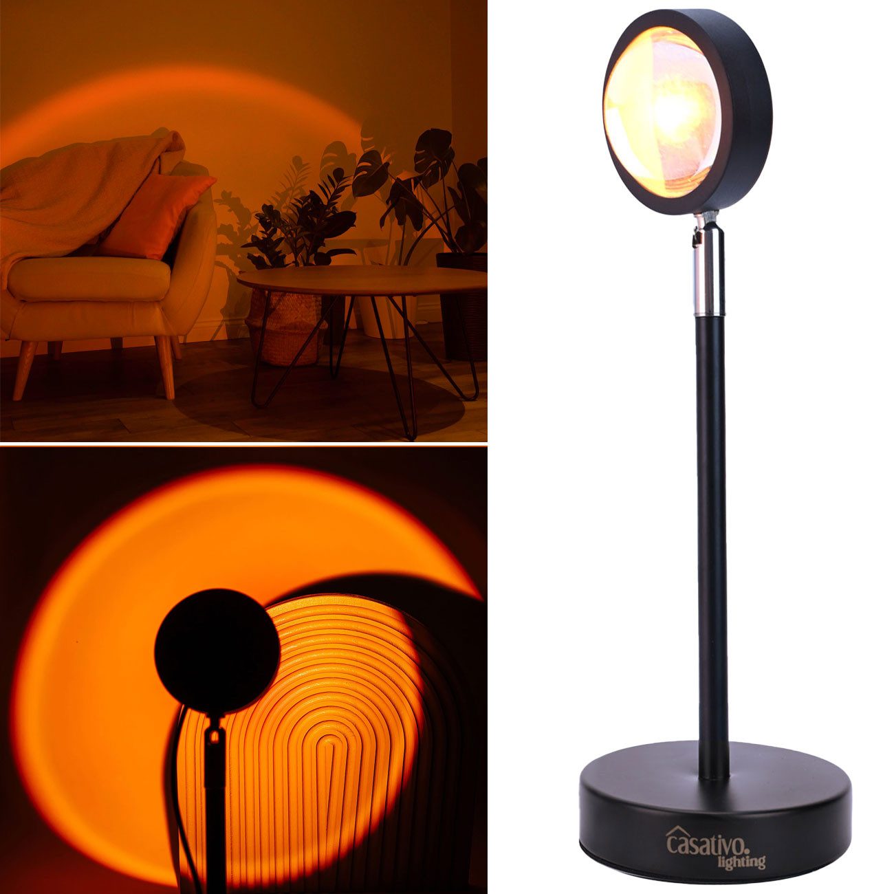 Casativo Projektionslampe LED-Sonnenuntergang Projektionslicht 180°-schwenkbar Deko-Beleuchtung, 10 Watt Leistungsaufnahme, LED fest integriert, Sunset-Projektor 180° schwenkbar, echtes Alu, 10W LED & USB-Anschluss