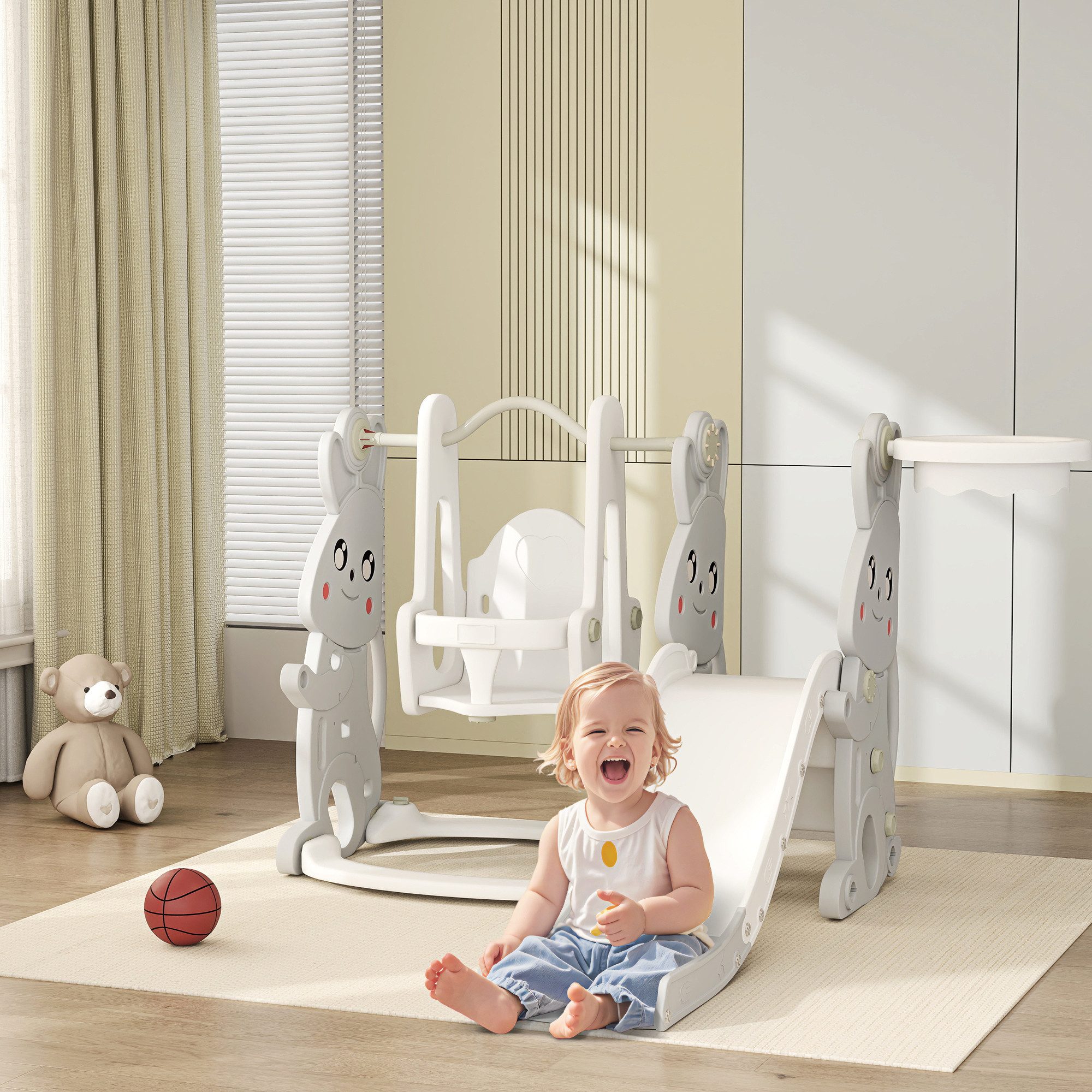 AIYAPLAY Rutsche 4-in-1 Kinderrutsche mit Schaukel Klettergerüst Basketball günstig online kaufen