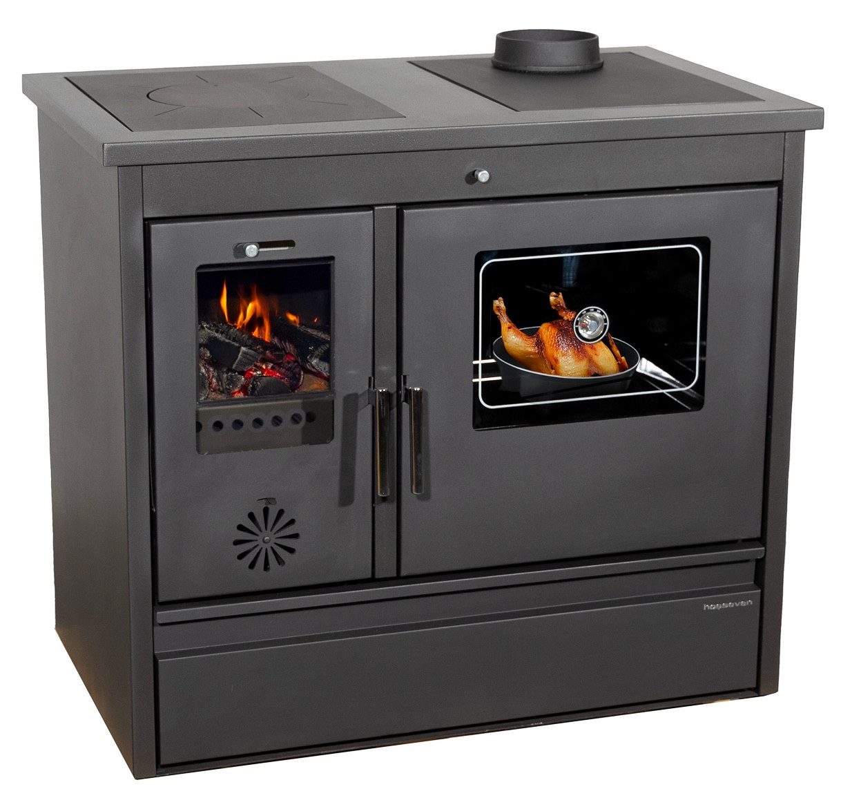 Hosseven Kaminofen mit Backfach und Herdplatte 4050 Lotus Classic Schwarz Holzofen, 11 kW, Dauerbrand, Holz Ofen Mehrfachbelegung Kamin Heizofen Küchenherd