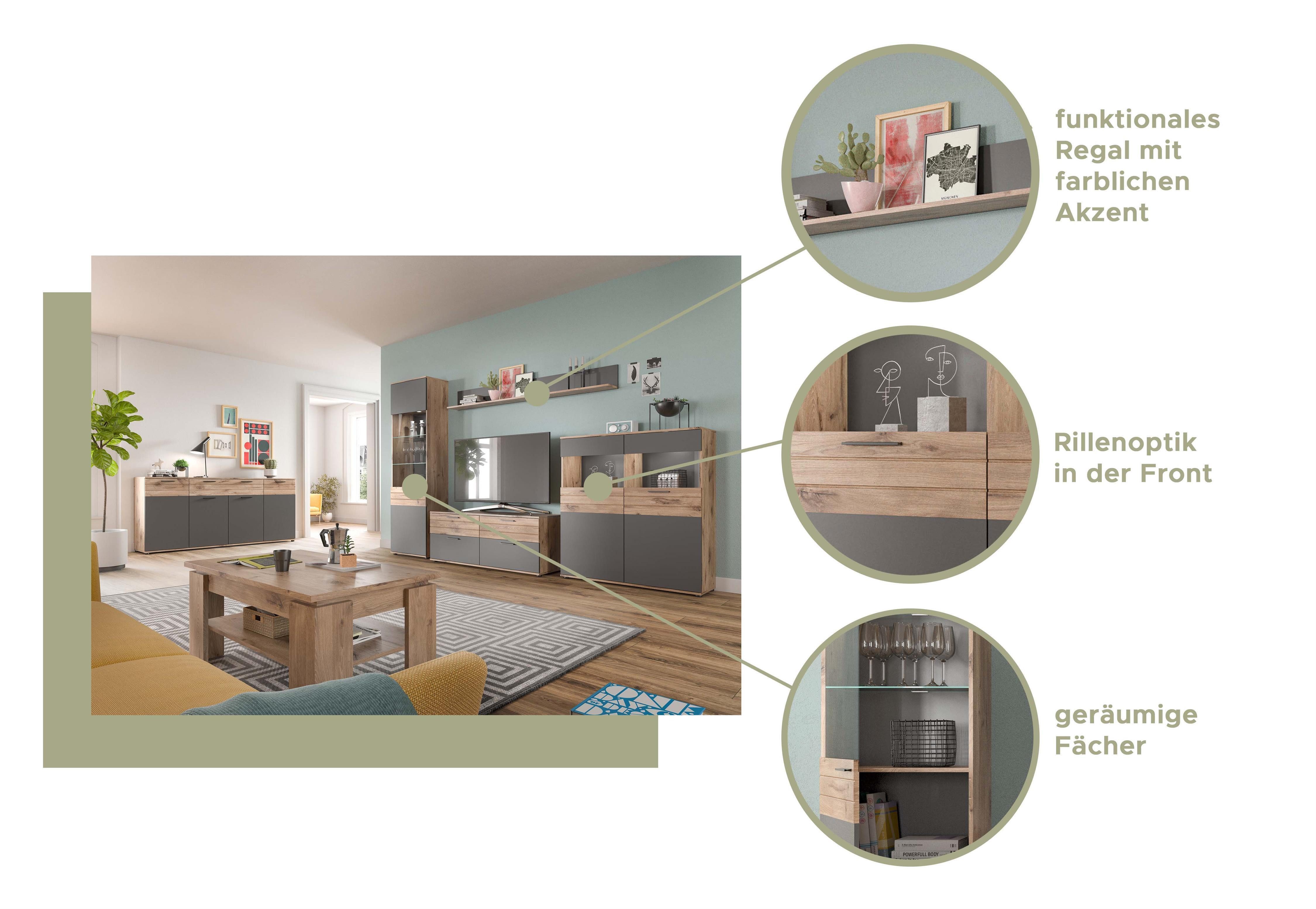 möbelando Wandboard Wandboard >Mason< in nox oak/basalt grau - 180x21x20cm (BxHxT), in nox oak/basalt grau - 180x21x20cm (BxHxT)