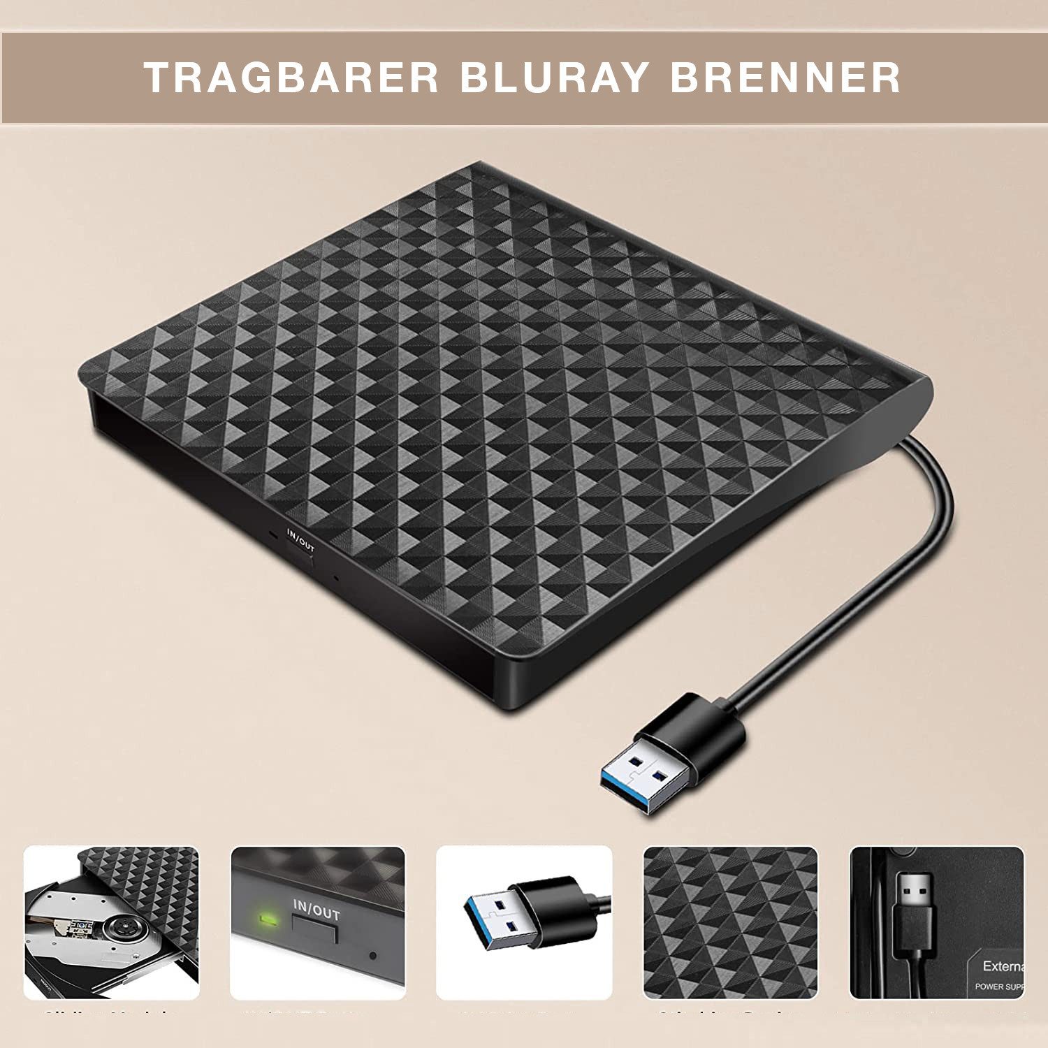 XLYNE Externer Blu-ray Brenner USB 2.0, Blu-ray, DVDR, CDR, extern, Slim Blu-ray-Laufwerk (USB A, BD 6x/DVD 8x/CD 24x, Einfache Installation: Plug & Play)