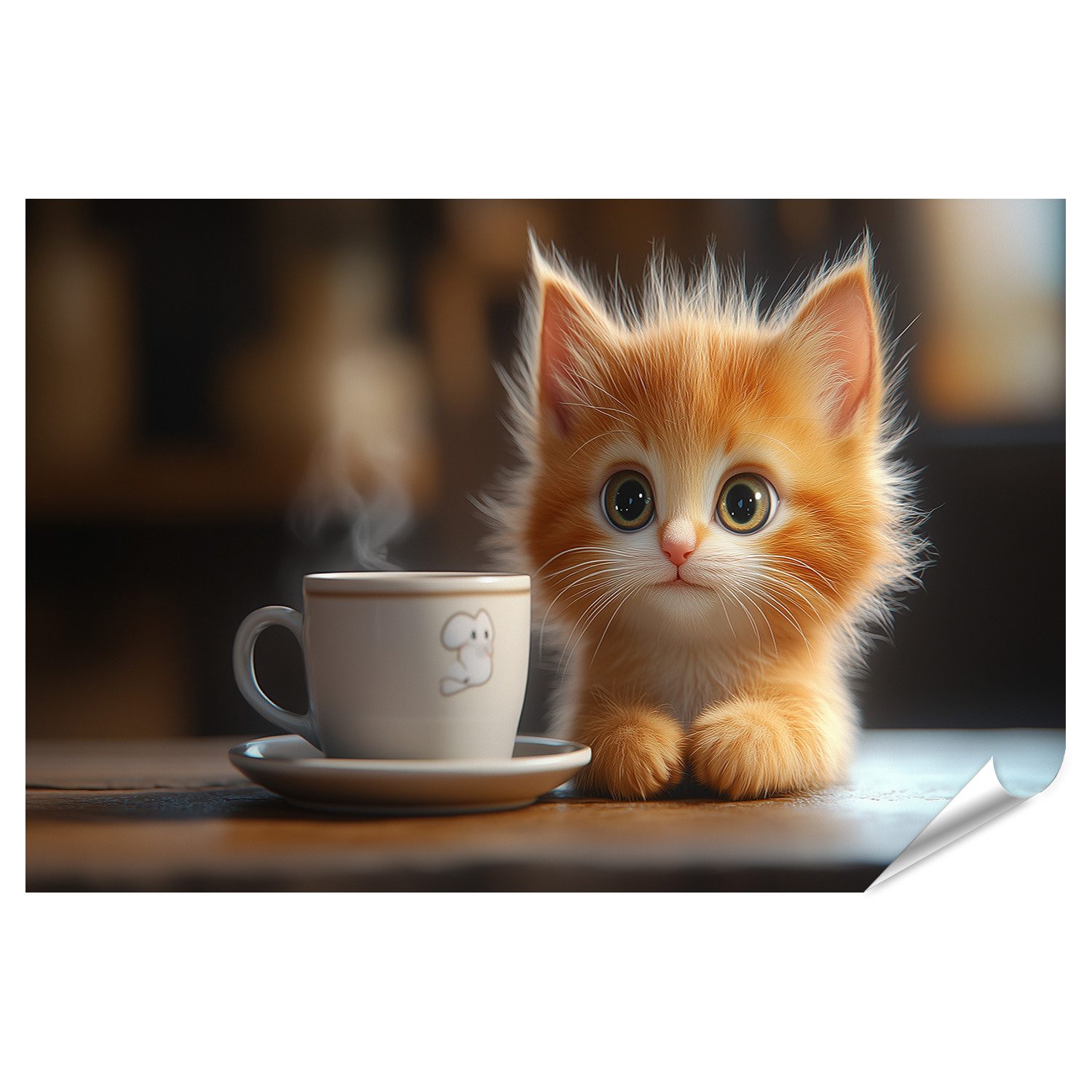 Poster Kleines Kätzchen neben einer dampfenden Tasse Kaffee