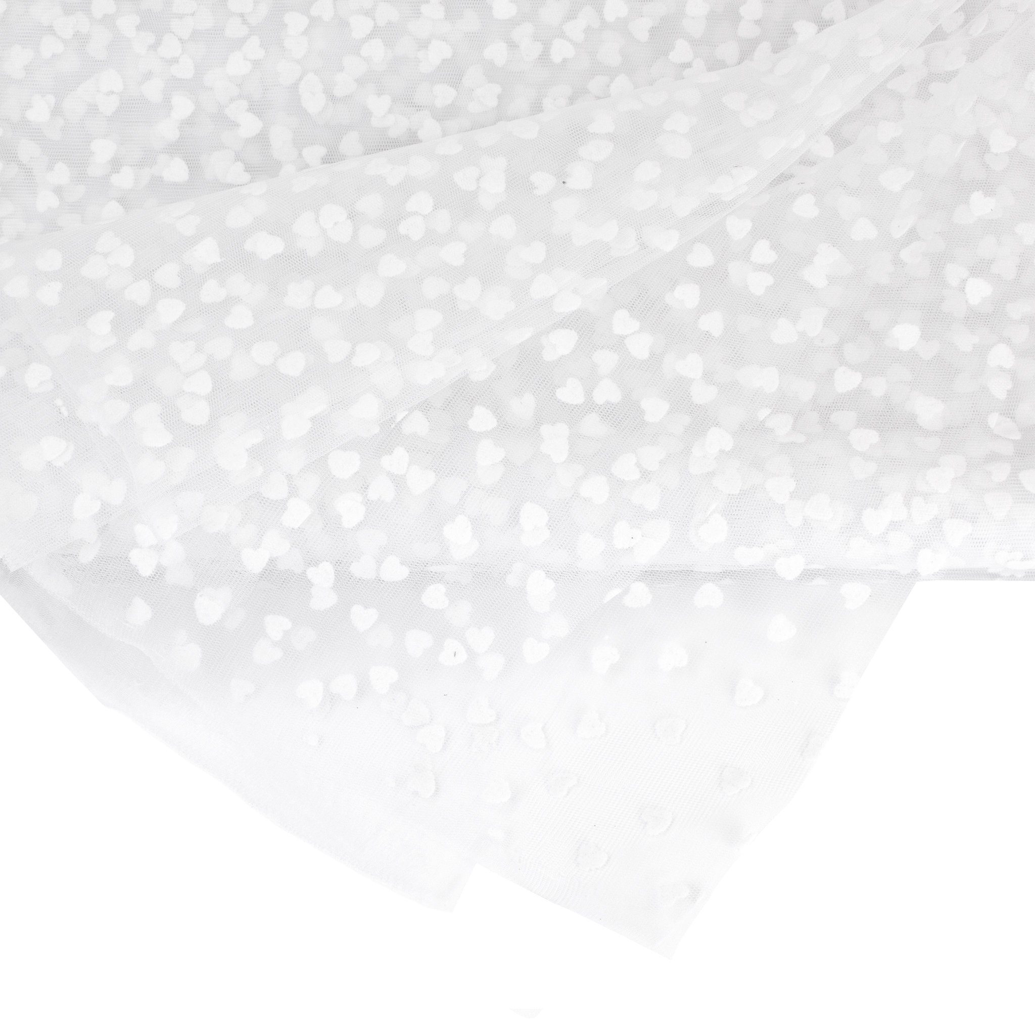 Creativery Stoff, Tüll Stoff mit Samt Herzen 150cm x 3m Weiß