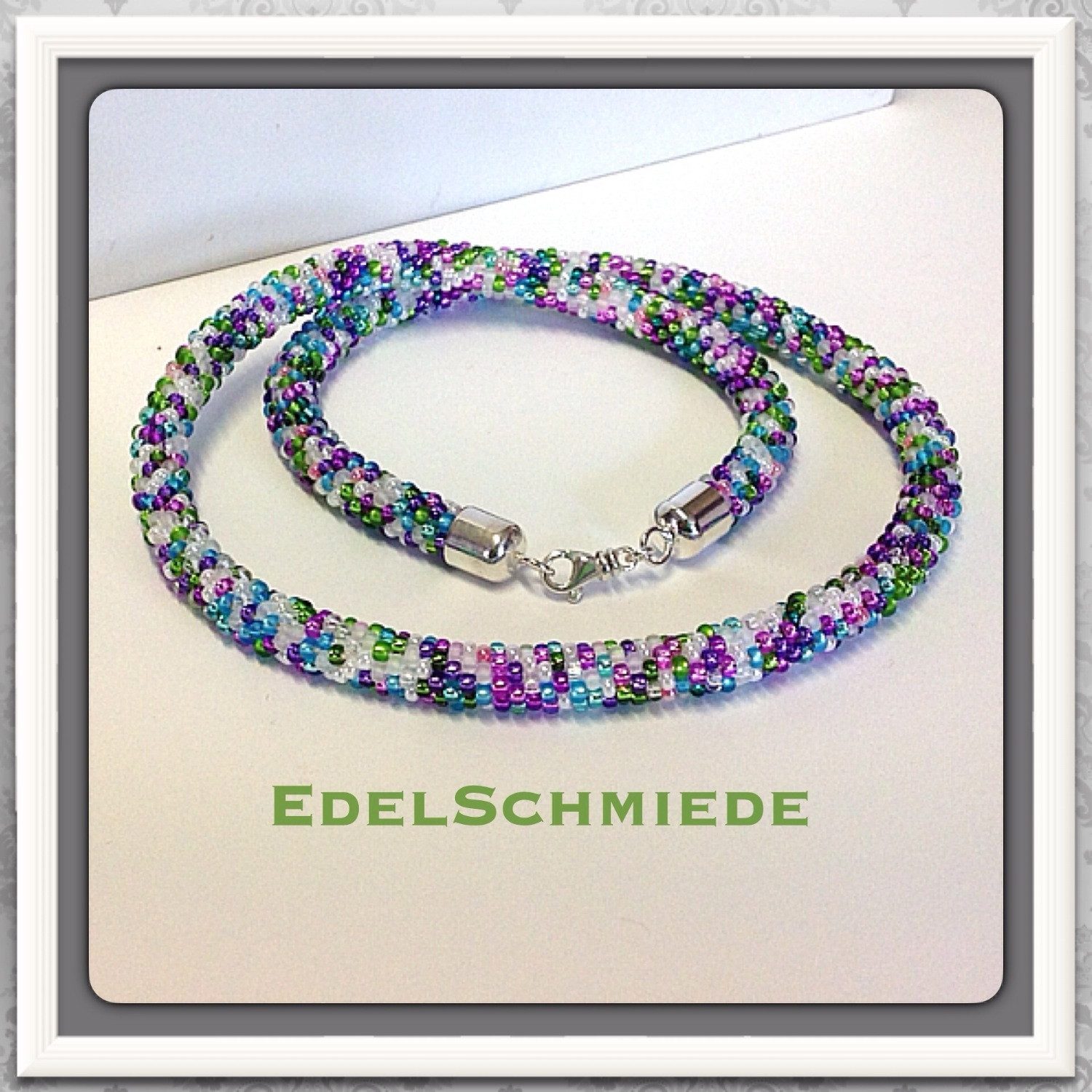 Kette ohne Anhänger Häkelkette, Farbmix, 925/- Verschluß, 52 cm