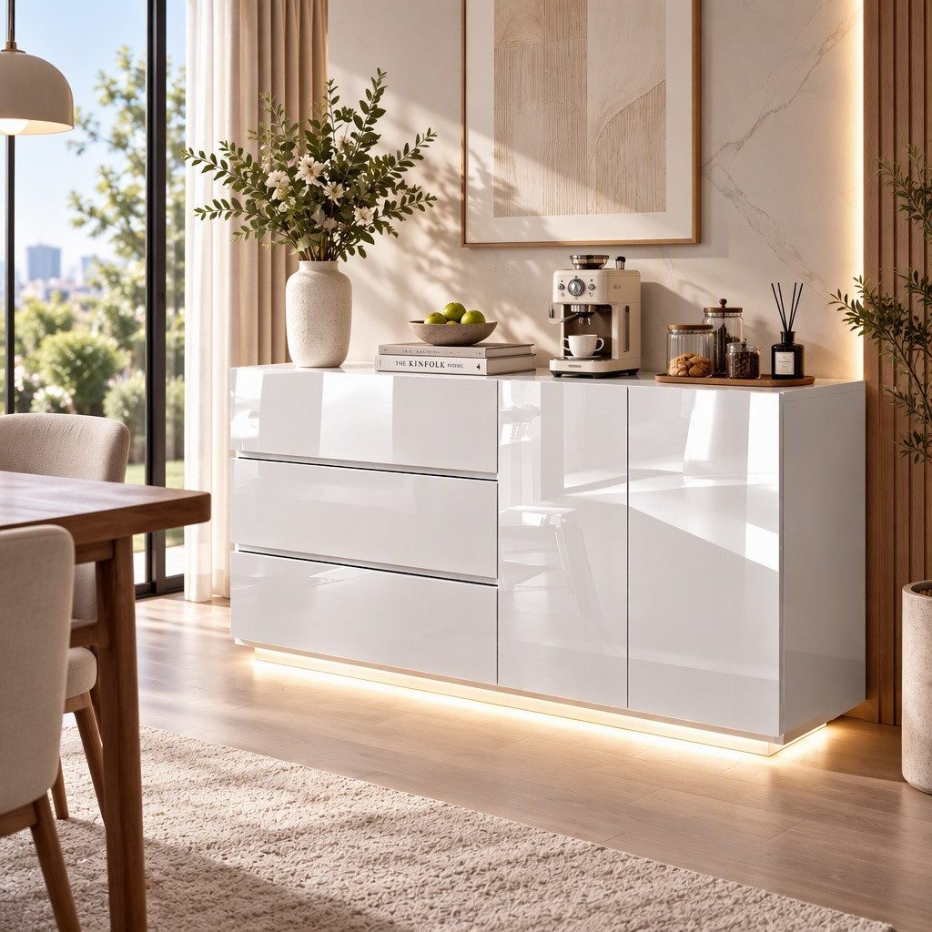 PXloue Sideboard Hochglanz Kommode( LED-Ambientebeleuchtung) , Modernes Sideboard mit 3 Schubladen und 2 Fächern, Breite 160 cm