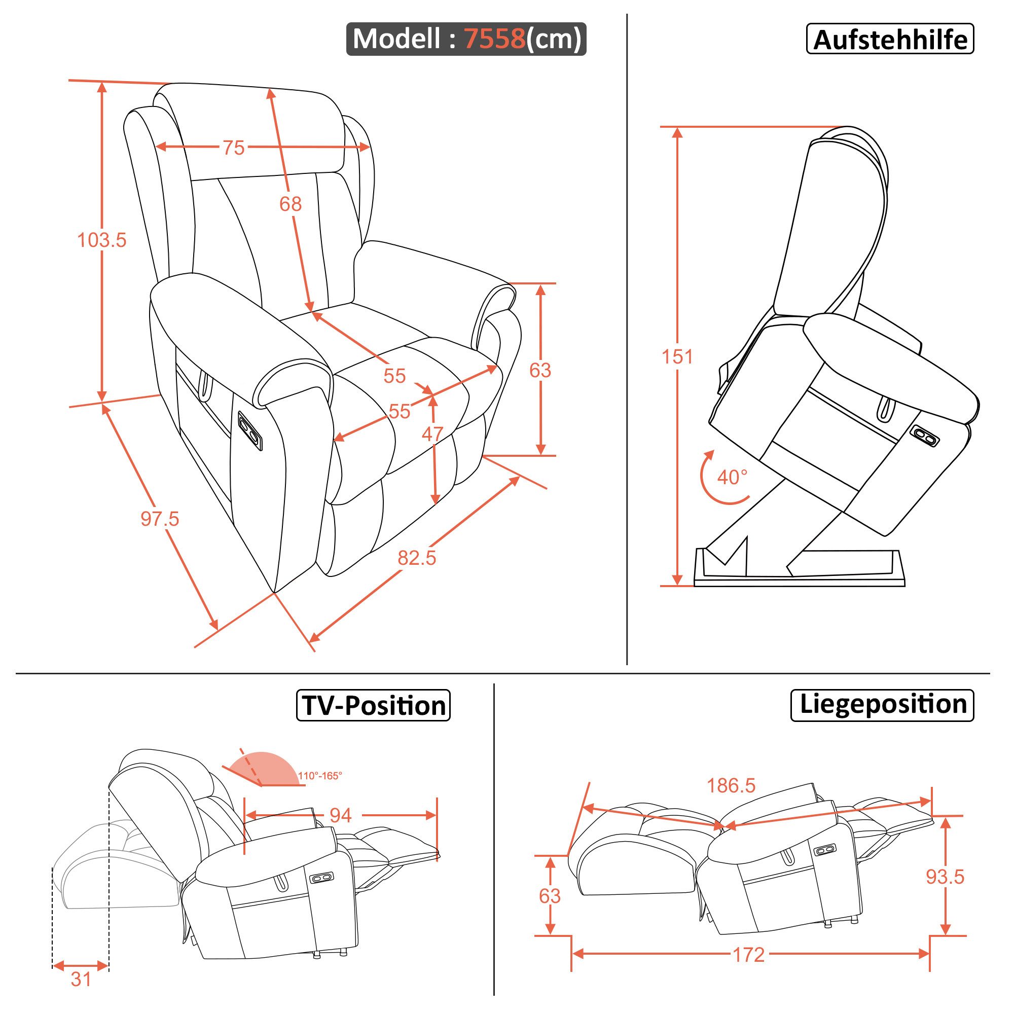 MCombo Relaxsessel M MCombo 4-Motoren-Aufstehsessel, Massage & Heizung 7558, Zero-Gravity Sessel mit Aufstehhilfe, Elektrische Lenden- & Kopfstütze