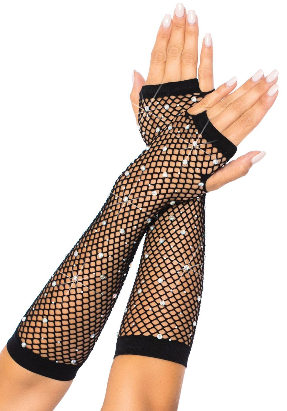 Leg Avenue Strickhandschuhe Netz-Handschuhe mit Schmucksteinen - schwarz (2-St) mit Glitzersteinen