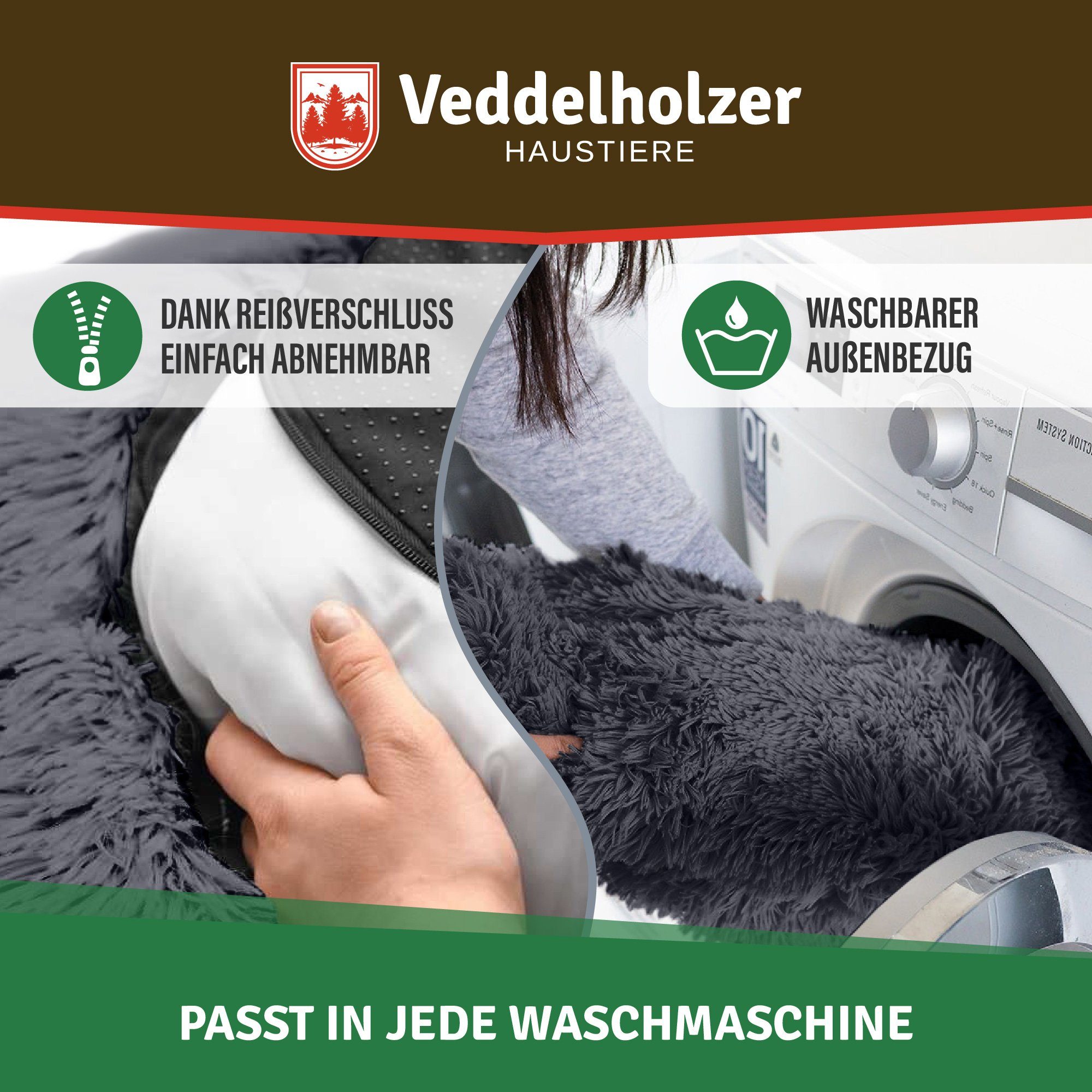 Veddelholzer Tierbett Ø 60 cm (S) Hell & Dunkelgrau Hundebett Katzenbett Hundekissen, 100% Vegan Hochwertigen synthetischen Fasern, Hundebett große mittelgroße kleine Hunde waschbar