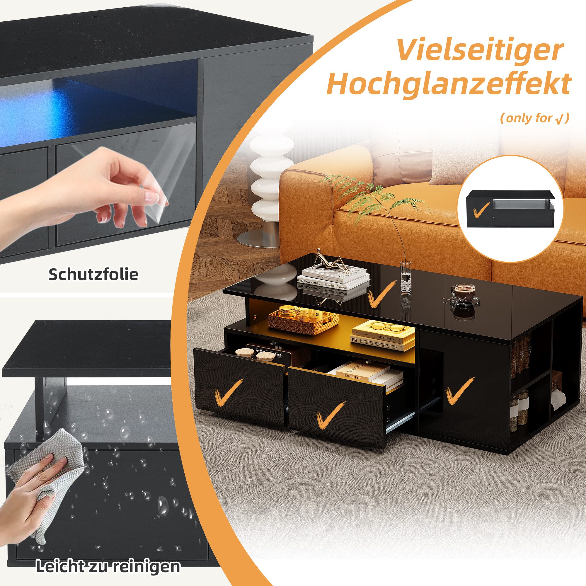 Merax Couchtisch hochglanz Sofatisch Beistelltisch mit LED-Beleuchtung (App-gesteuerter Beleuchtung, 1-St., 100x50x35cm), Beistelltisch Wohnzimmertisch mit 2 Sc – Bild 5 von 5