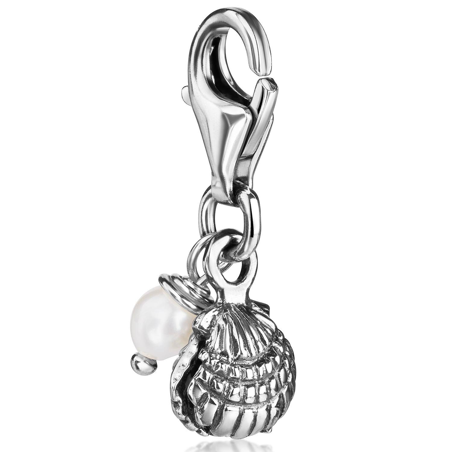Materia Charm Perle Silber Dangle Anhänger Muschel Perle weiß C11, 925 Sterling Silber, rhodiniert