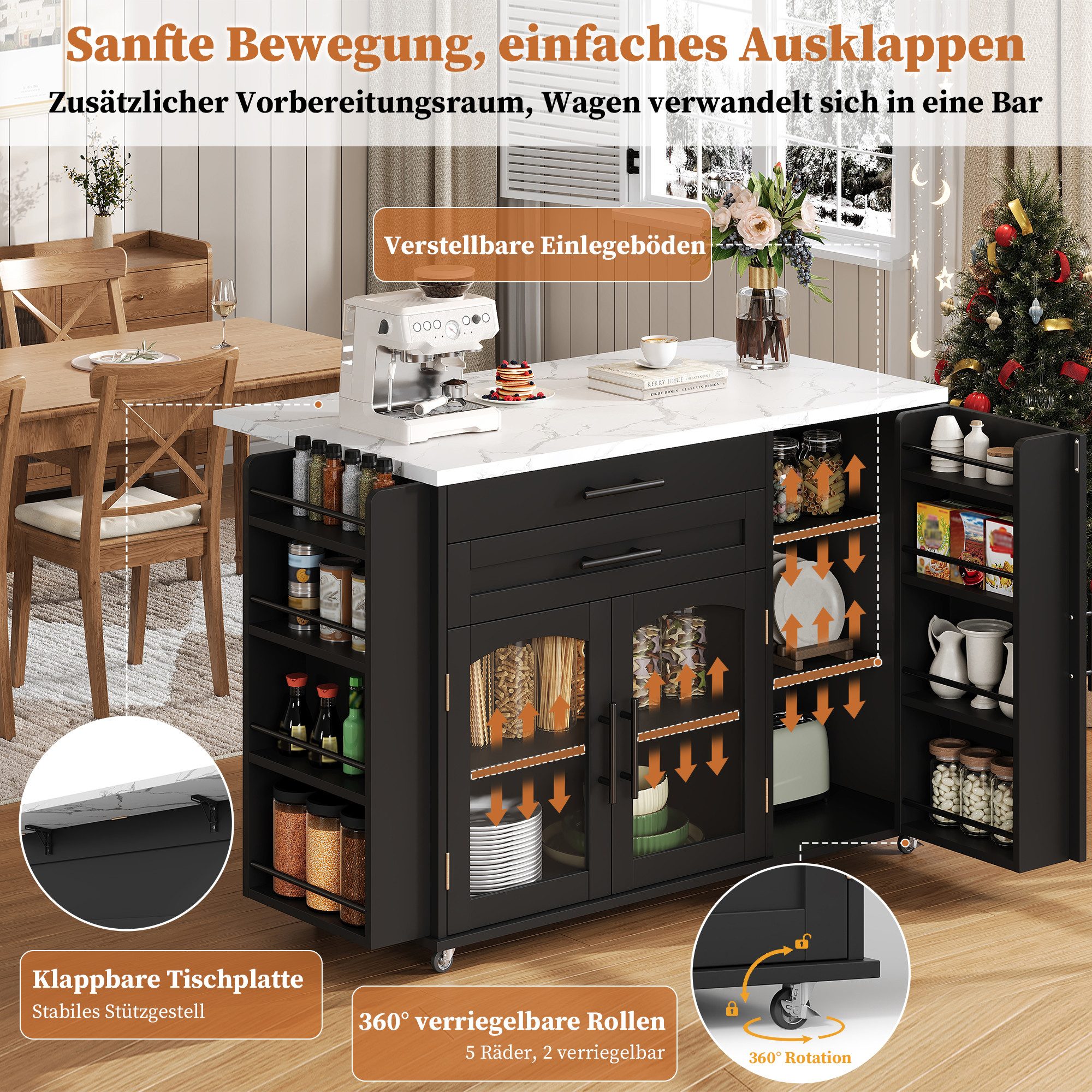 Yorbay Kücheninsel mit klappbarer Arbeitsplatte, Küchenwagen auf 5 Rollen, vielseitige Aufbewahrung, 120x45(70)x90 cm