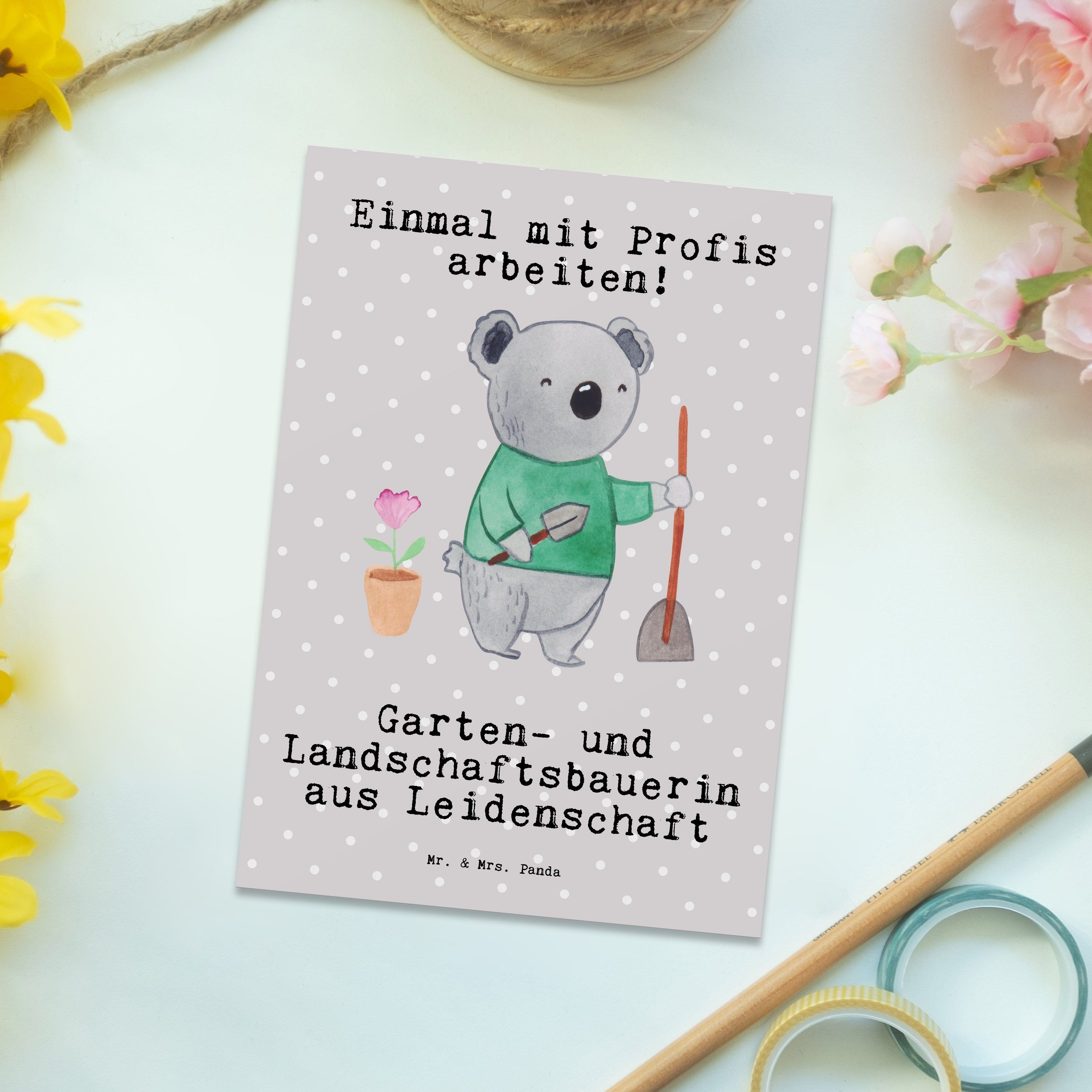 Garten- Mr. - Grau Leidenschaft - Postkarte Mrs. und Landschaftsbauerin Pastell Panda & aus Gesc