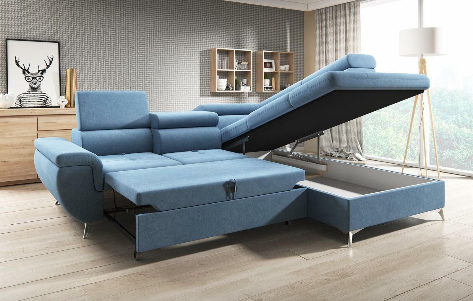 JVmoebel Ecksofa Leder Polster Sofas, Mit Couch Ecksofa L-Form Design Bettfunktion Blau Ecksofa Sofa
