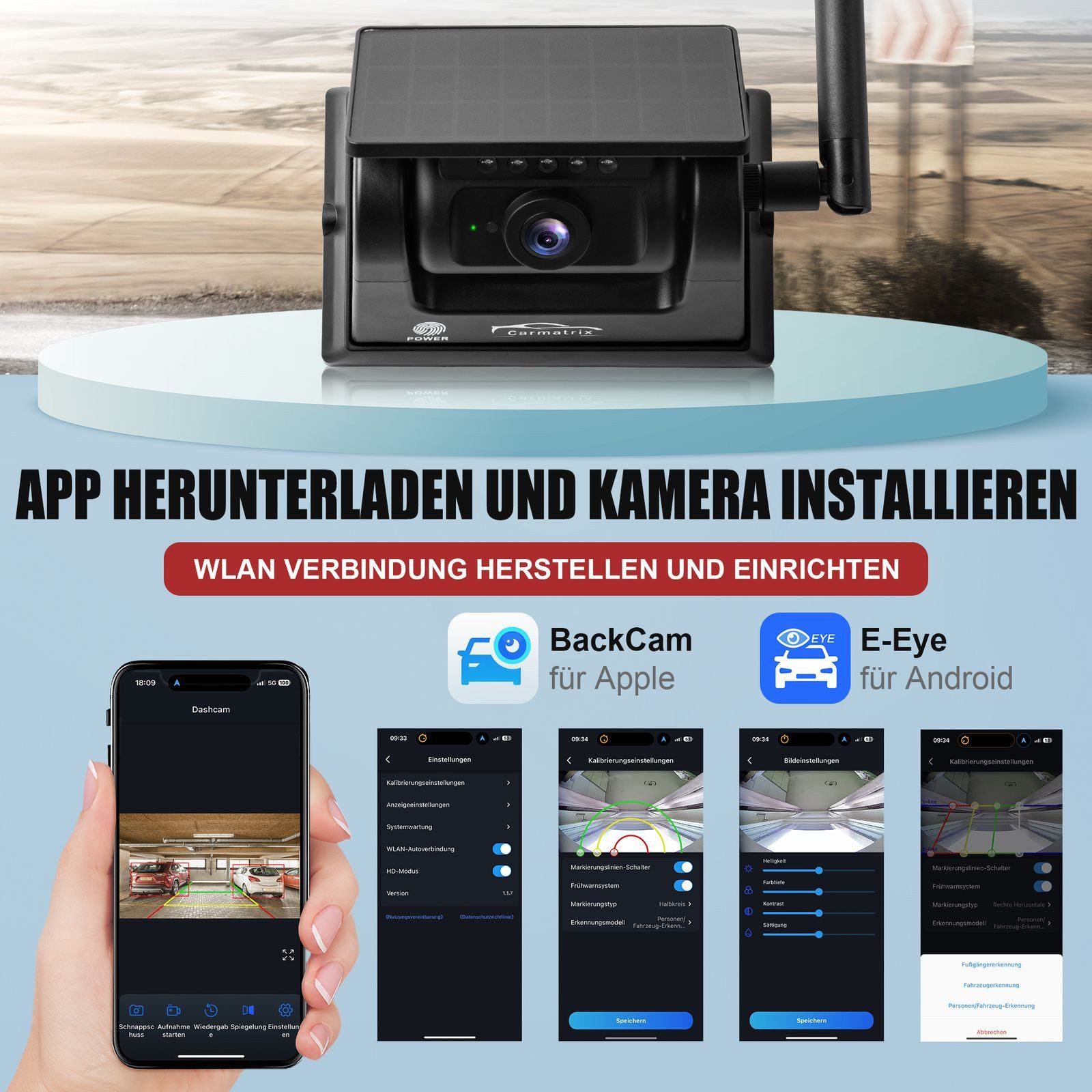 CARMATRIX D50E Solar KI Rückfahrsystem mit Magnet HD für Wohnmobil LKW mit App Rückfahrkamera (Solar WLAN Auto Wohnmobil Funk Rückfahrkamera HD Magnet Smartphon – Bild 5 von 5