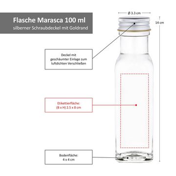 MamboCat Vorratsglas 12er Set Marasca 100 ml Schnapsflasche + Schraubdeckel silber Goldrand, Glas