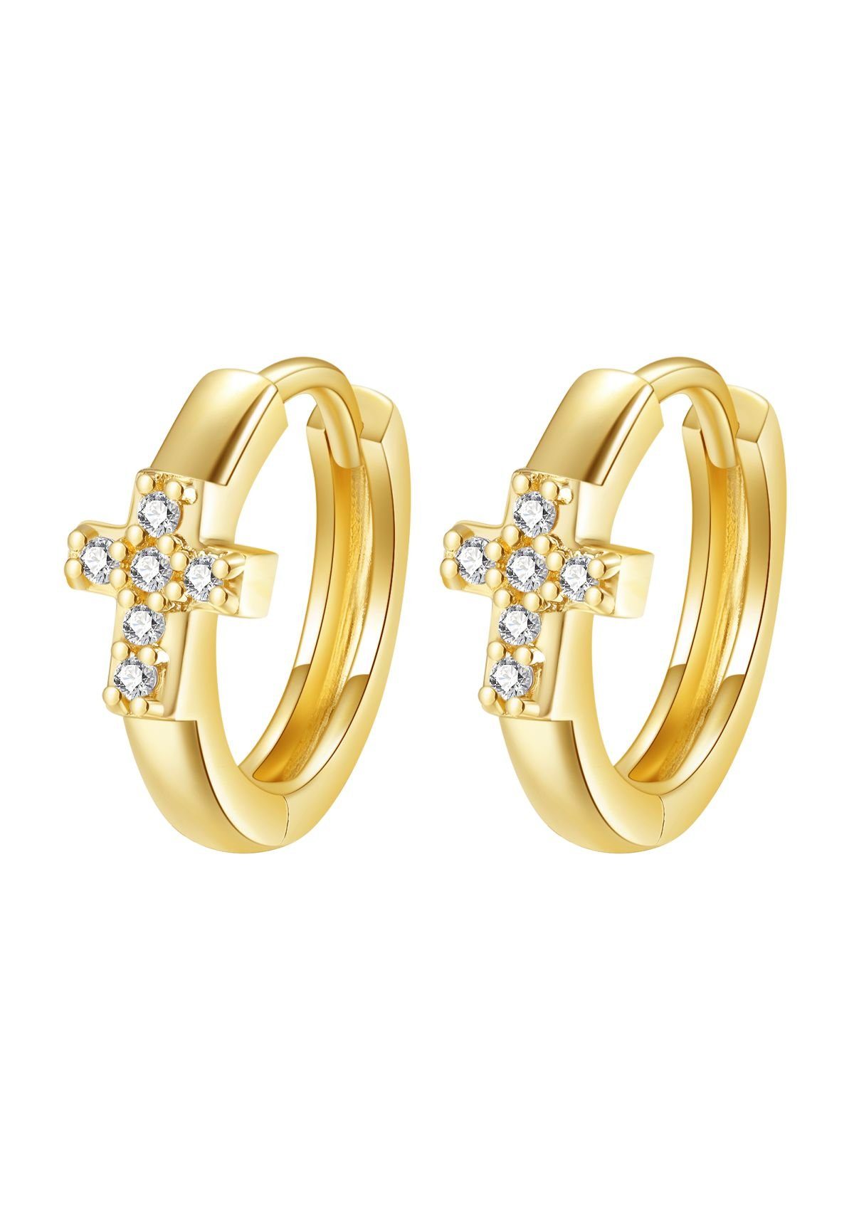 Dear Me Klappcreolen Gold 585 Damen Kreuz, Ø9mm Paar Ohrringe Gold, 14 Karat Gelbgold Creolen Kristall klein, Echtgold Schmuck