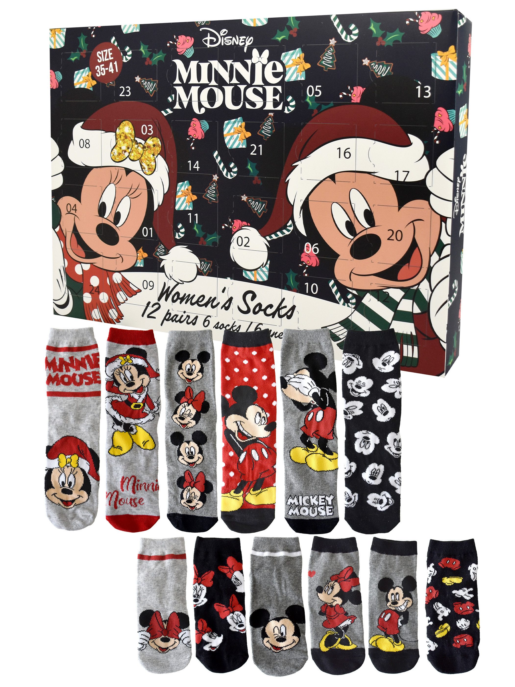 United Labels® Adventskalender Disney Minnie Mouse Socken Adventskalender mit 12 Paar kurz und lang