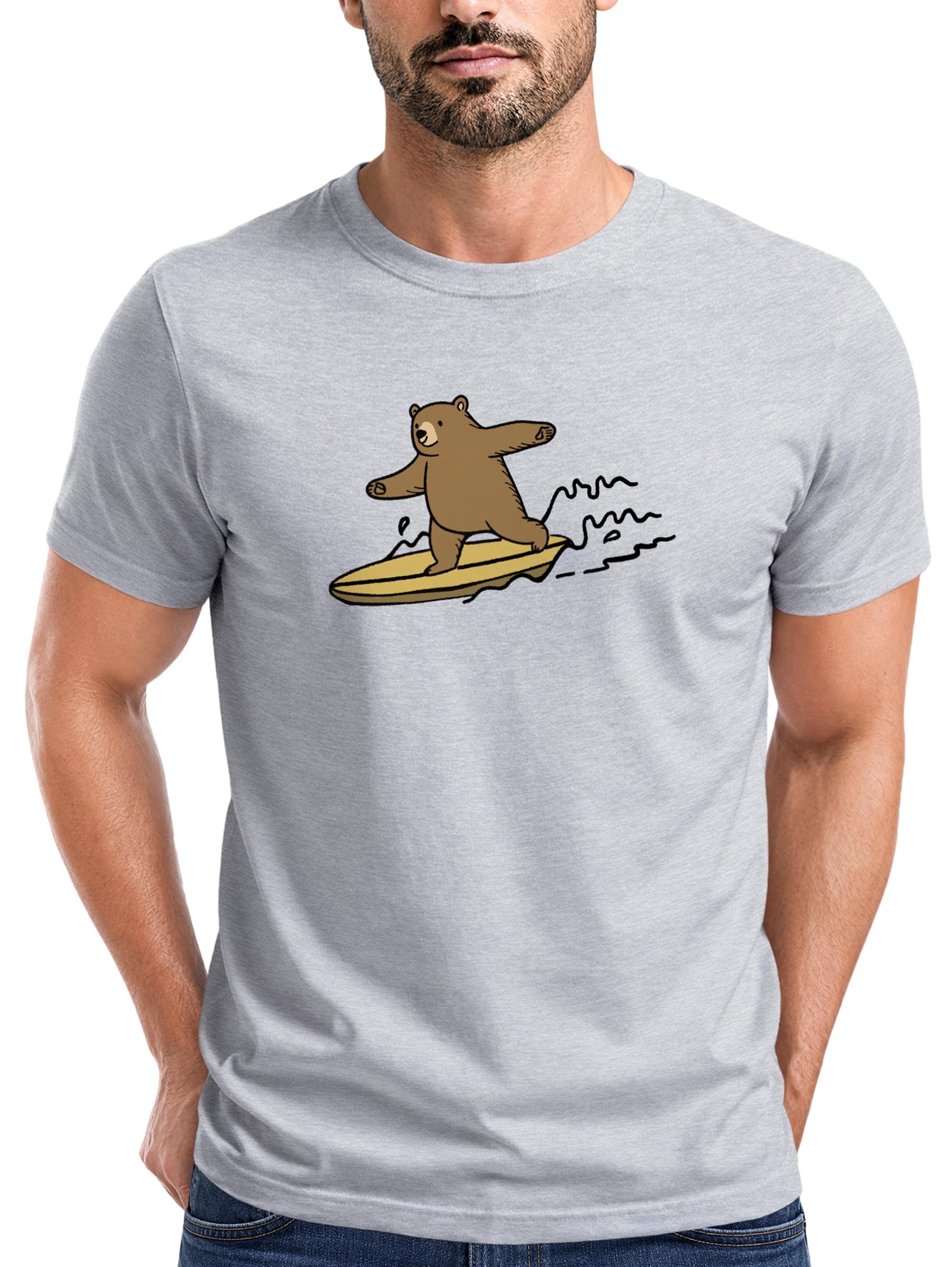 Print-Shirt Herren T-Shirt Bär Print Surfer Surfboard Sommer Printshirt