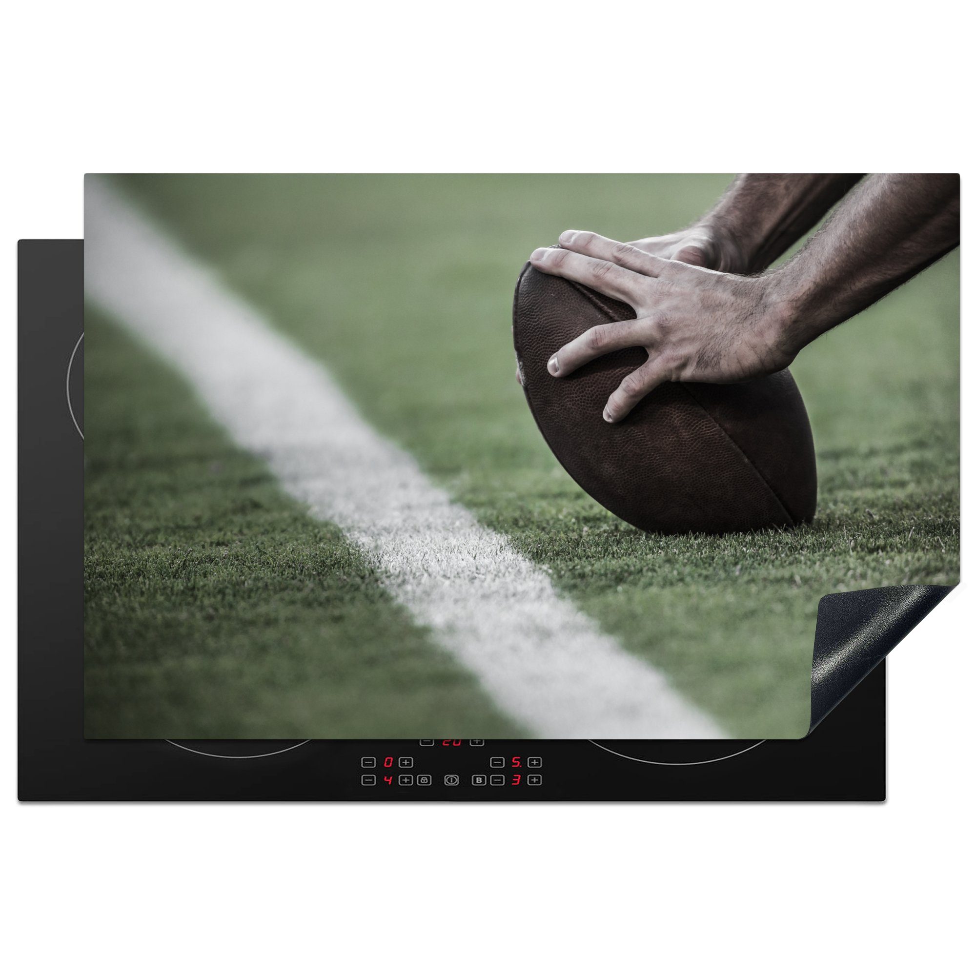 MuchoWow Herdblende-/Abdeckplatte Hände auf einem American Football, Vinyl, (1 tlg), 81x52 cm, Induktionskochfeld Schutz für die küche, Ceranfeldabdeckung