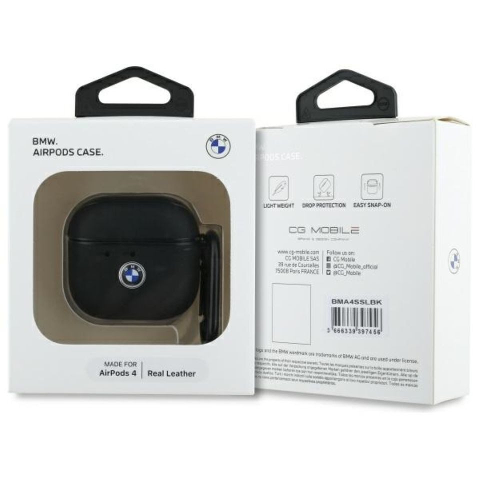 BMW Kopfhörer-Schutzhülle Case AirPods 4 Echtleder schwarz Logo Metal, Kantenschutz