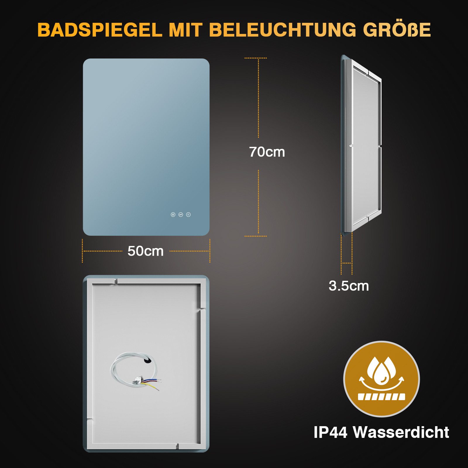 PESENXAN Badspiegel mit Beleuchtung, LED Badezimmerspiegel mit 3 Lichtfarben, Dimmbar (1-St), Speicherfunktion, Touch-Schalter, IP44 Wasserdicht, 50x70cm