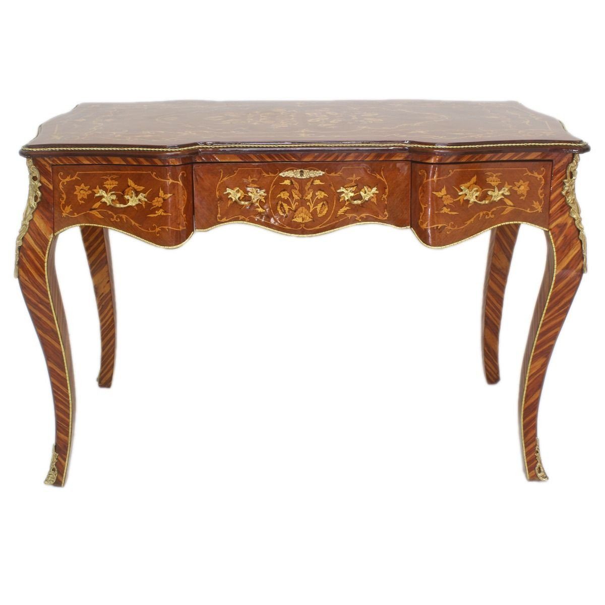 Casa Padrino Schreibtisch Barock Sekretär Mahagoni Intarsien / Gold 120 cm - Handgefertigter Antik Stil Scheibtisch - Barock Büro Möbel