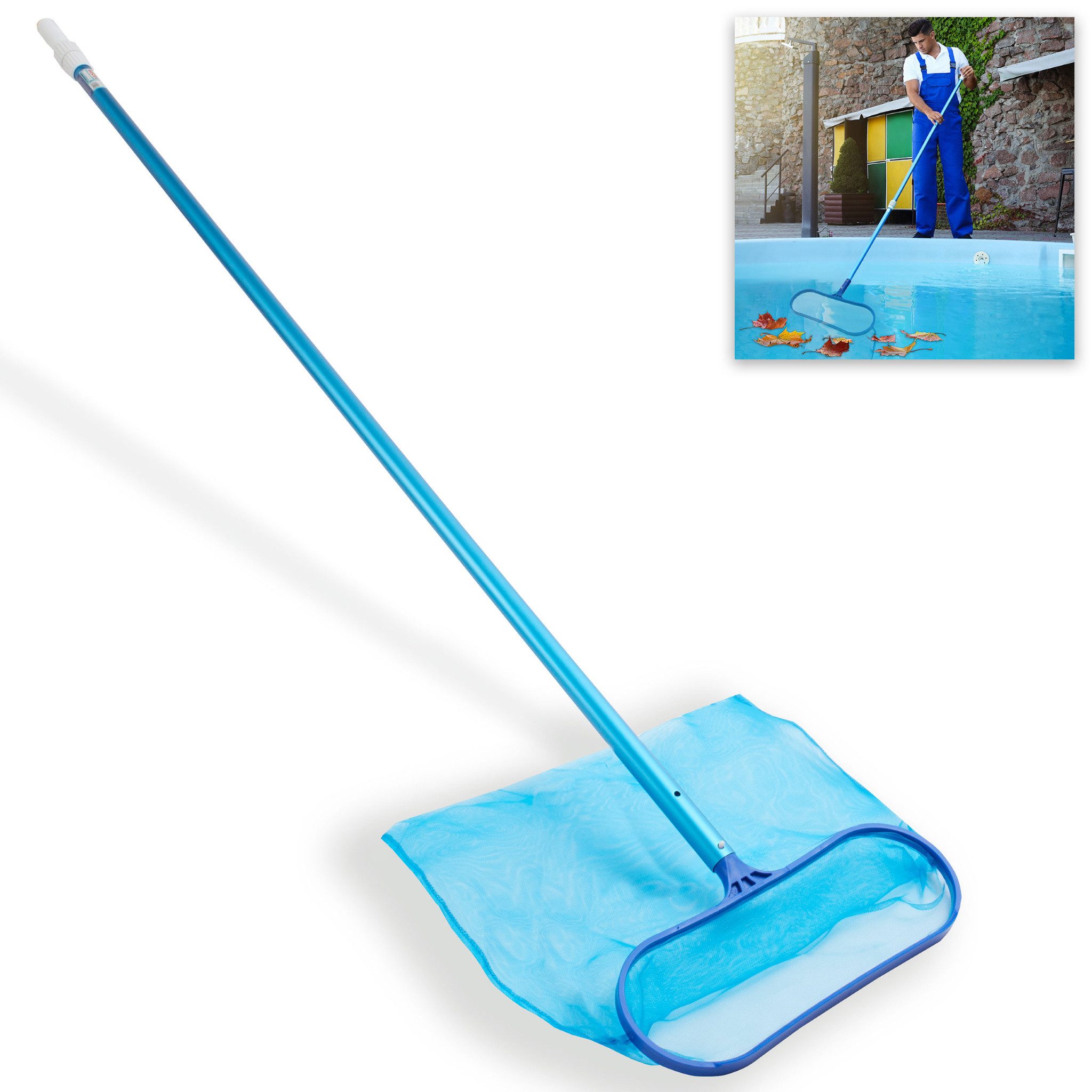 Hecht Kescher Pool Kescher optional mit Teleskopstange 2-fach ausziehbar 3,7 m (2-St), feinmaschiges Netz, Aluminium, 395 x 145 mm Netz