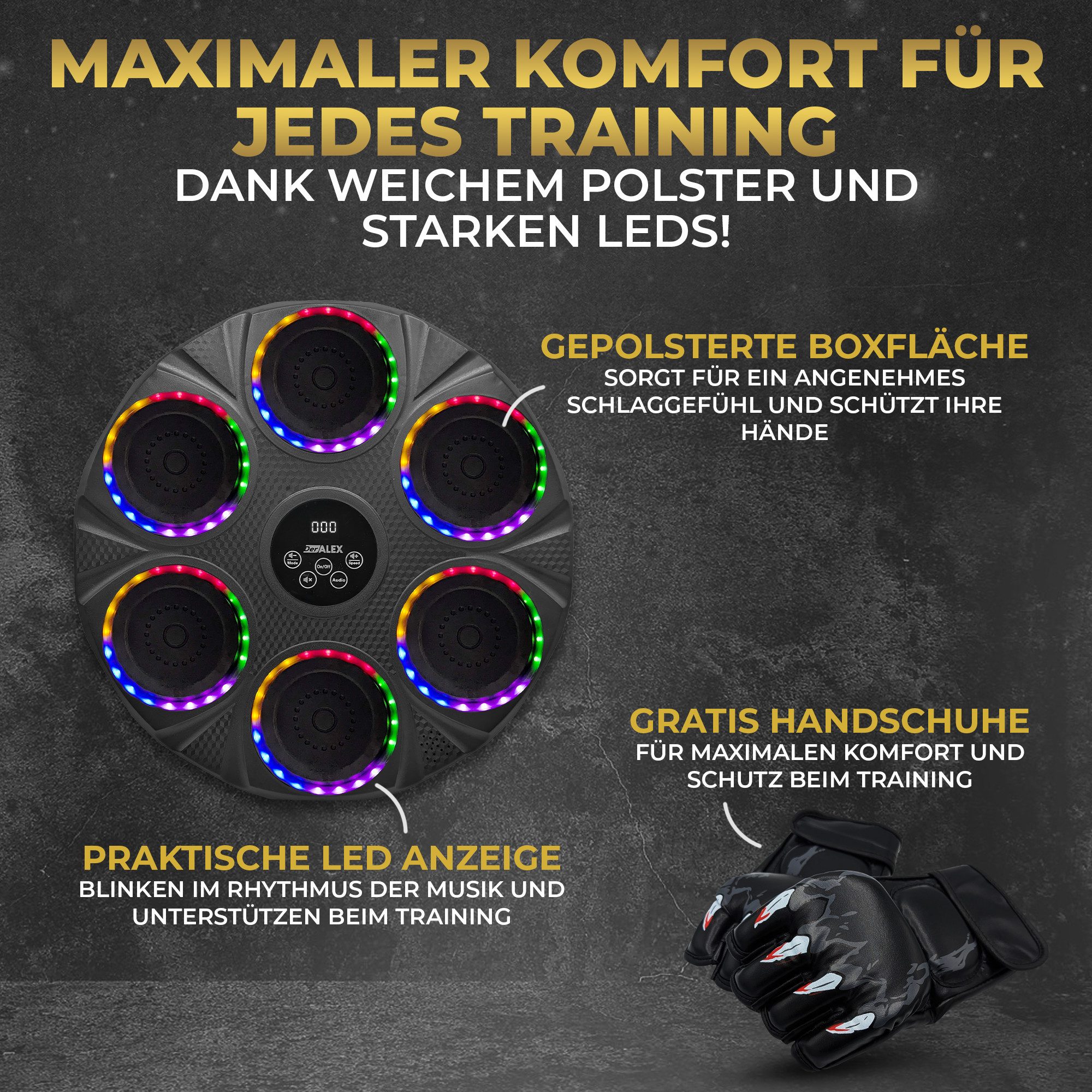 Der Alex Boxmaschine Music Boxing Machine LED Bluetooth Boxgerät mit Handschuhen Set, Boxtraining mit Beat, Licht & Power