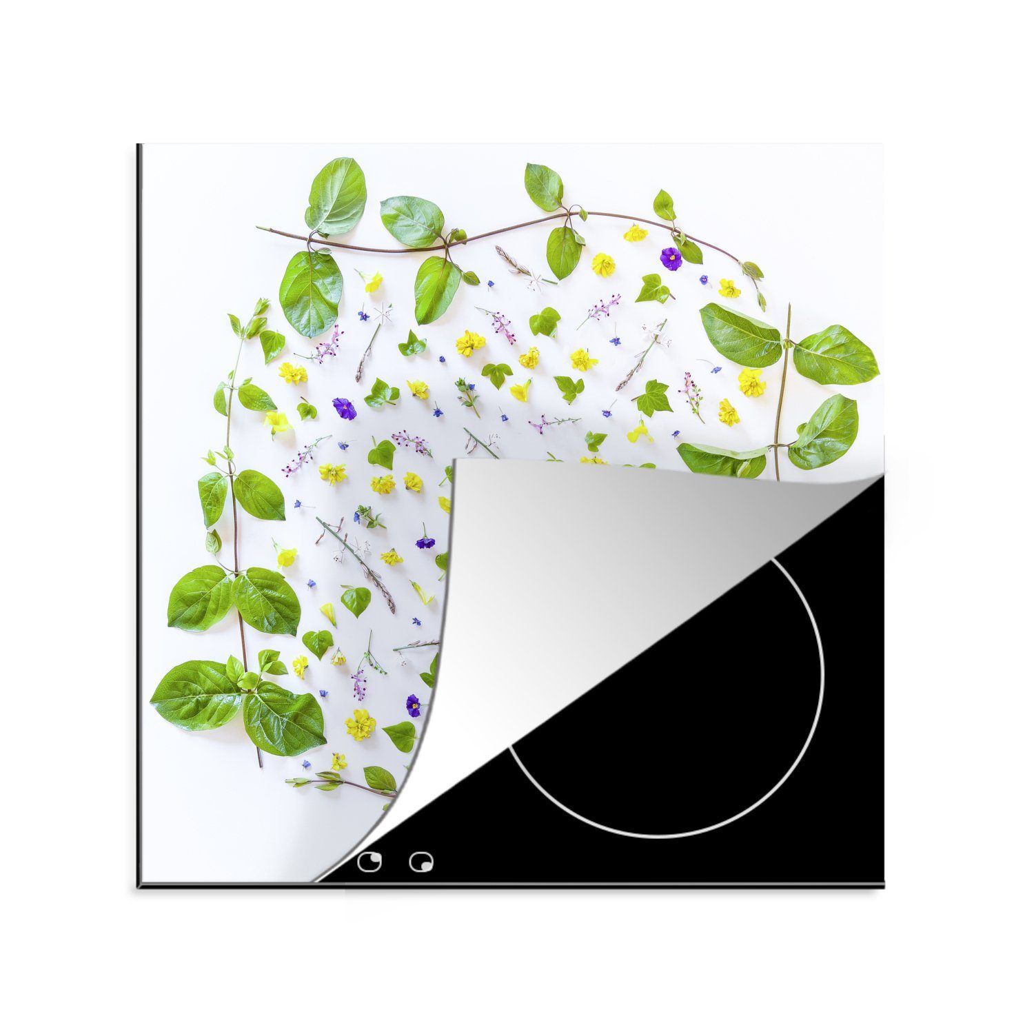 MuchoWow Herdblende-/Abdeckplatte Typische botanische Blumen und Blätter auf grauem Hintergrund, Vinyl, (1 tlg), 78x78 cm, Ceranfeldabdeckung, Arbeitsplatte für küche